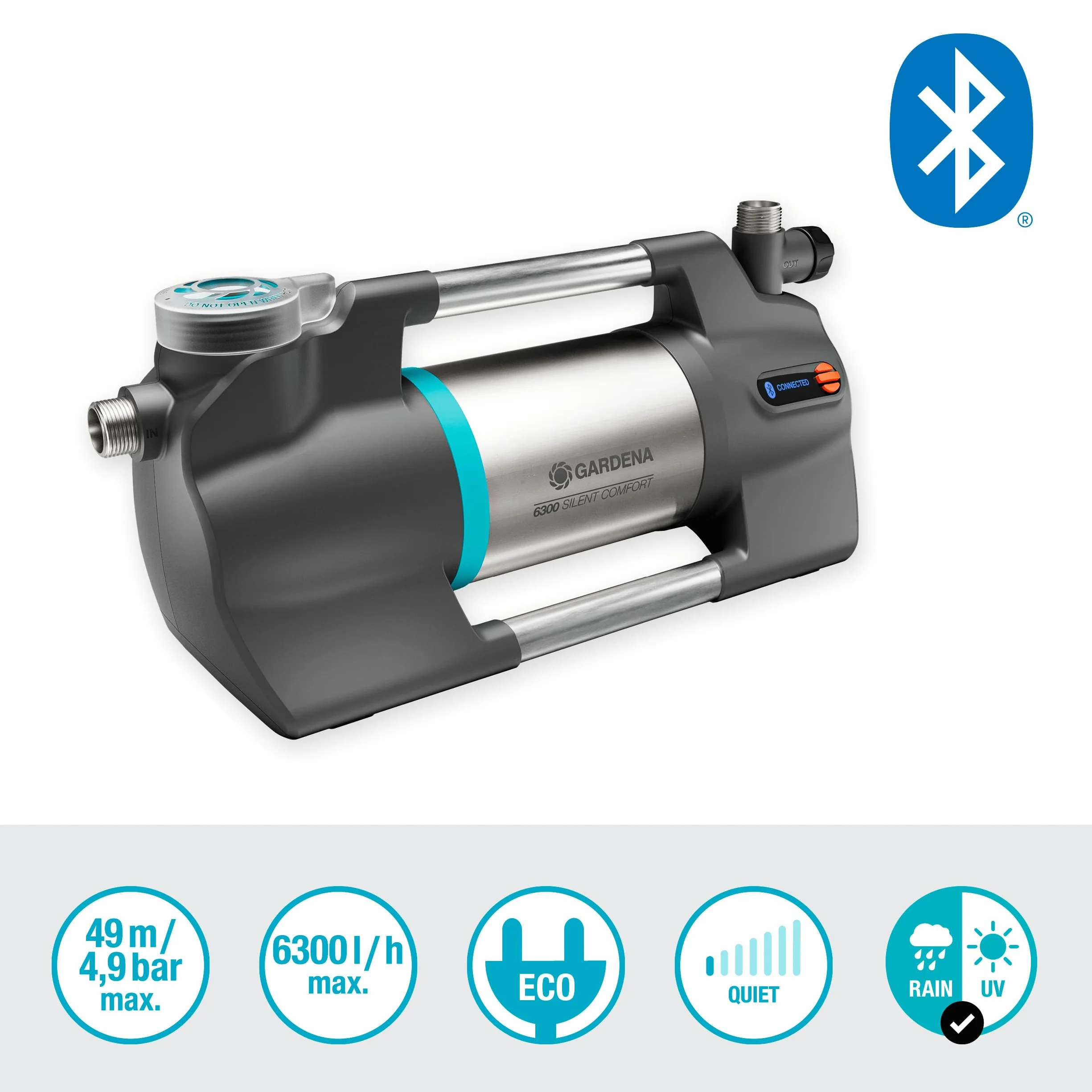Gardena pompa ogrodowa 6300 SilentComfort: Cicha pompa nawadniająca sterowana przez aplikację, tłoczenie 6300 l/h, zabezp. przed pracą na sucho, stal nierdzew., energoosz. i wodoszcz. (9058-20)