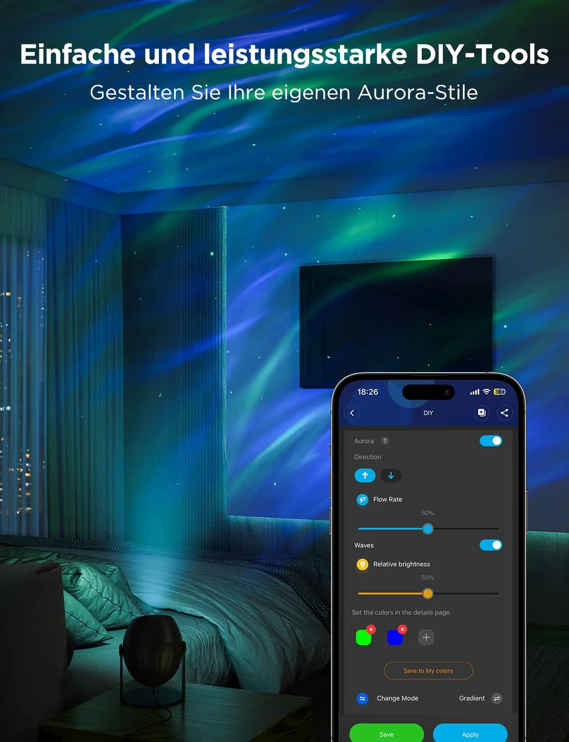 Govee Projektor LED gwiaździstego nieba, lampa RGBW Aurora z 52 scenami