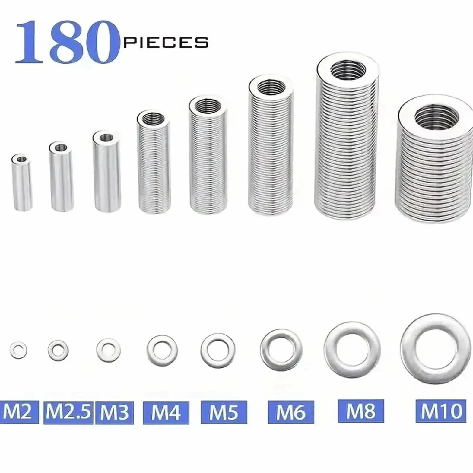 304 Stainless Steel Flat Washer Assortment Kit M2 M2.5 M3 M4 M5 M6 M8 M10 180pcs
