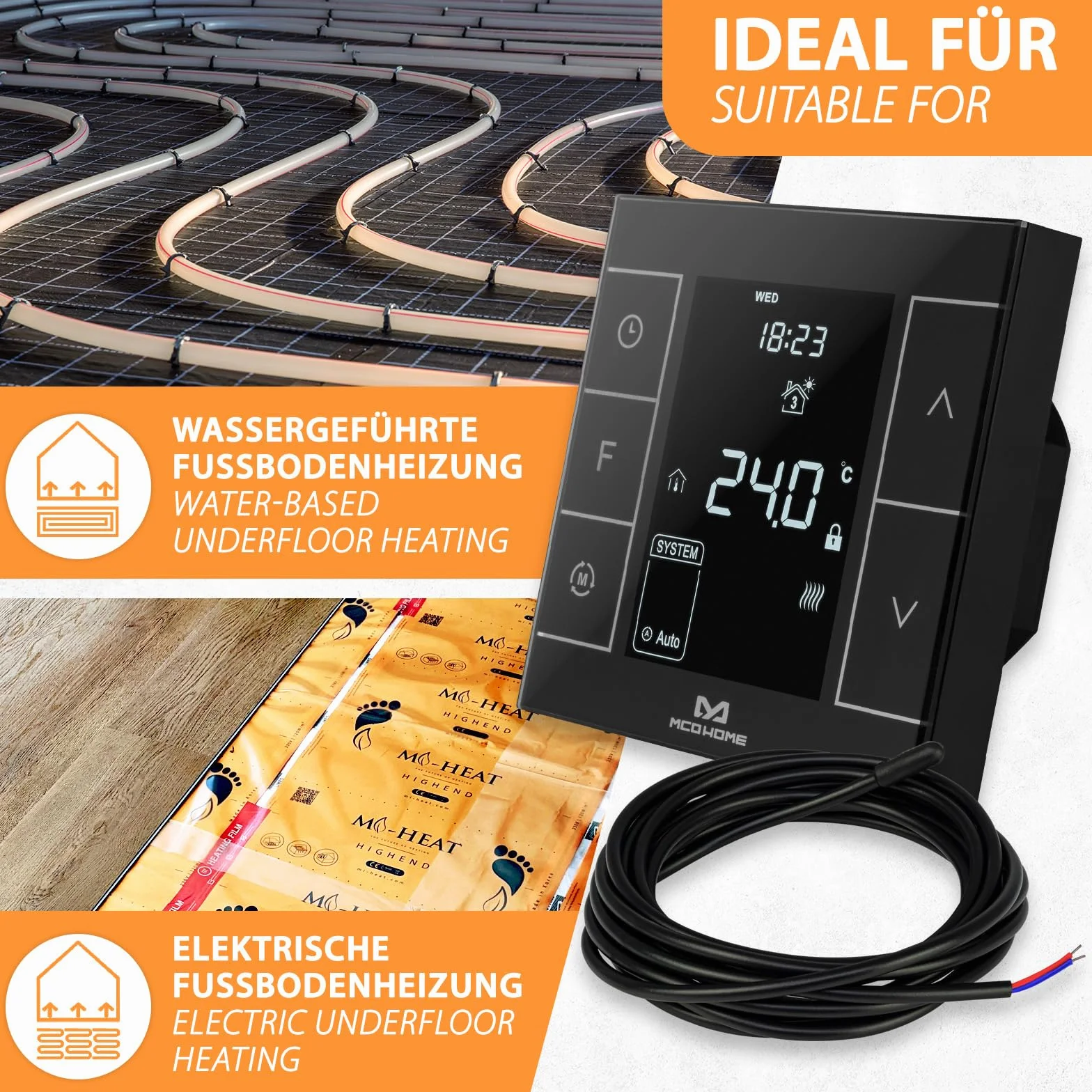 MCO Home Z-Wave MH7H-EH termostat pokojowy do ogrzewania podłogowego i ogrzewania na podczerwień/Z-Wave Smarthome, czarny