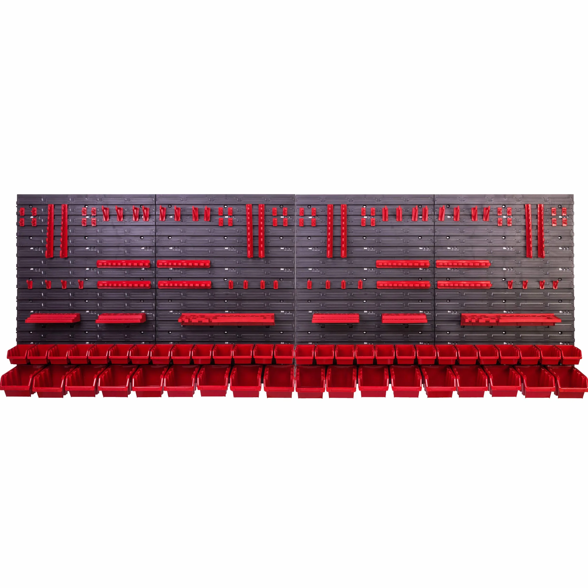 Tablica narzędziowa ścianka warsztatowa 230 x 78 cm czerwone pojemniki 46 sztuk panele półki uchwyty na narzędzia