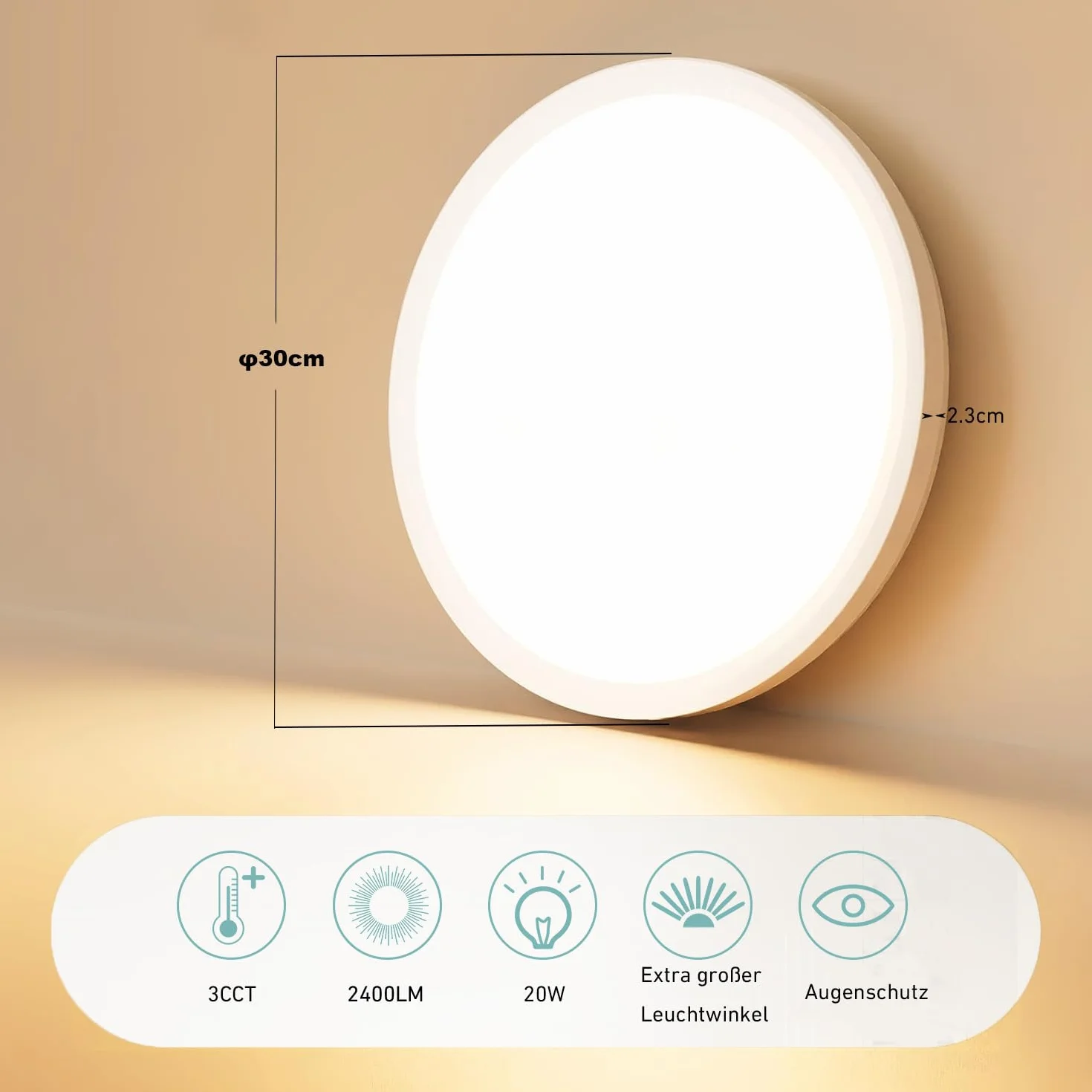Lampa Sufitowa LED Ø 30cm 20W 2400lm 3 Temperatury Barwowe 3000K/4000K/6500K Wodoodporna IP44