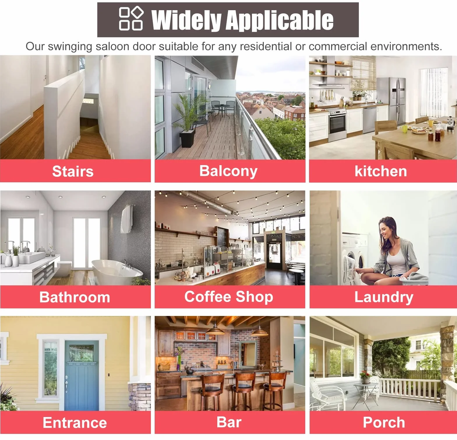 Drzwi wahadłowe ("en": "Drzwi Saloon Doors Swinging, Nowoczesne Drzwi Huśtawkowe Kawiarnia, Wewnętrzne Drzwi PółTaliowe do Łazienki/Pralni/Toalety/Korytarza/Szafy (rozmiar: W90xH90cm (35 3/8 cala x35