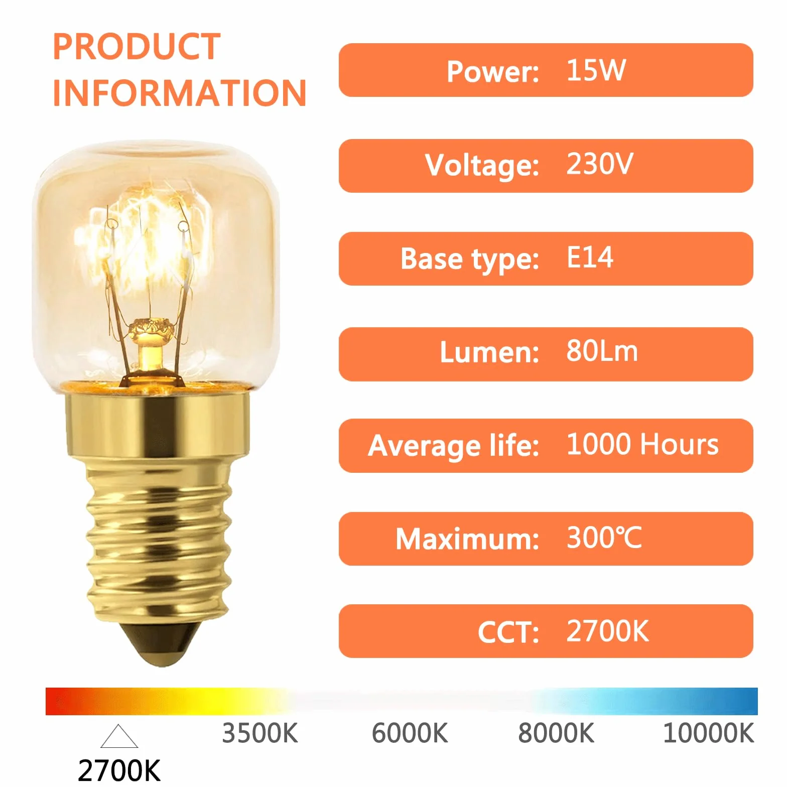 Zestaw 3 żarówek E14 do piekarnika, T22 Pigmy Lampy, odporne do 300°C, 80 lm, AC220-240V, 2700K ciepła biel