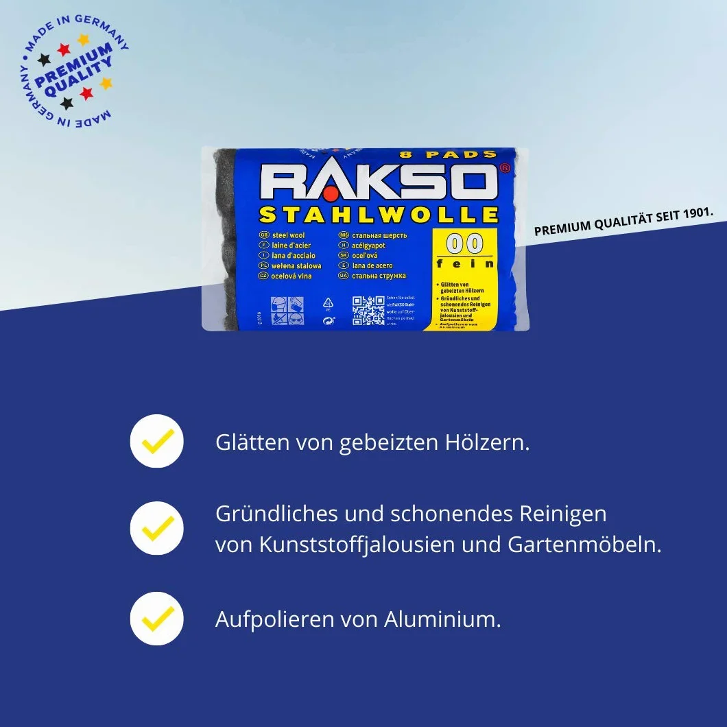 RAKSO Wełna stalowa drobna 00 8 padów 200 g do drewna aluminium