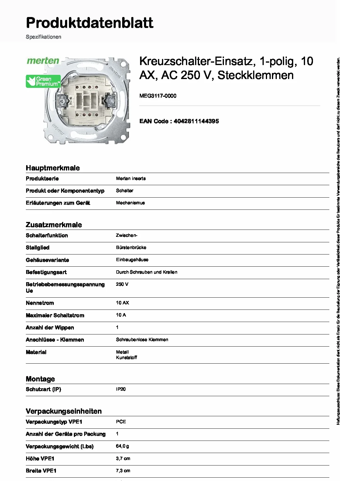 Merten MEG3117-000 wkładka z wyłącznikiem krzyżowym 1-biegunowa 10 AX AC 250 V