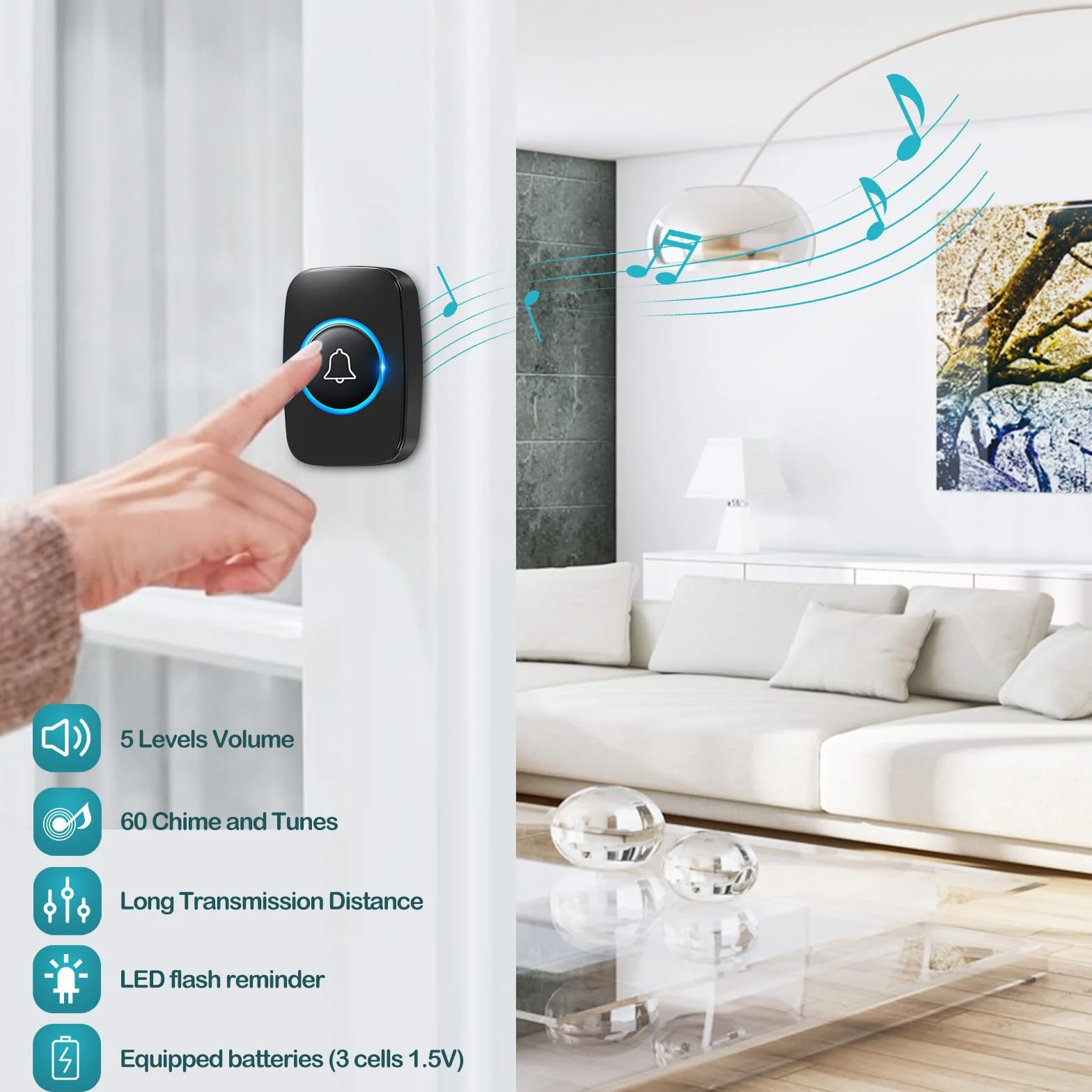 Blendura Bezprzewodowy dzwonek do drzwi IP44 300 m 60 melodii 5 poziomów głośności czarny