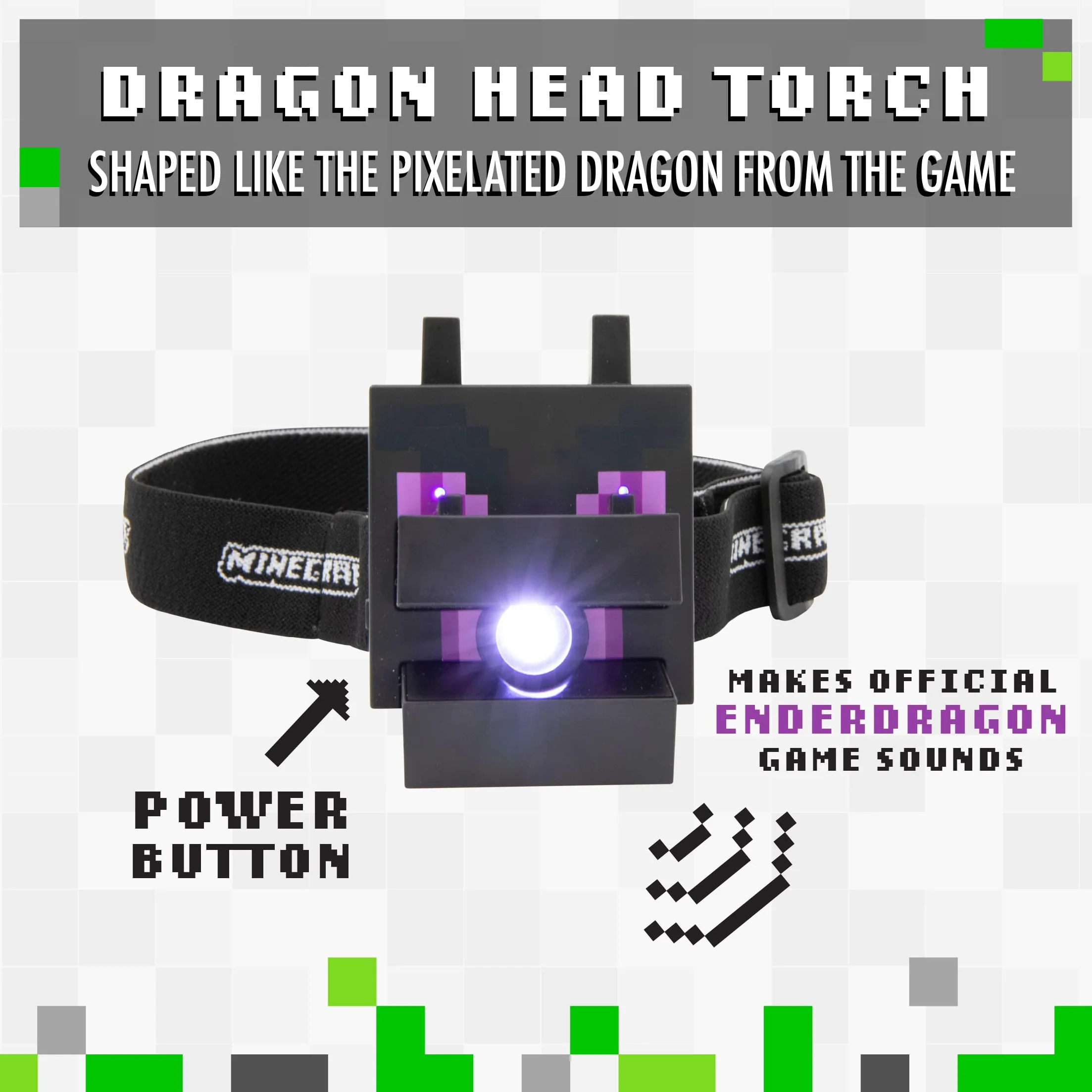 Paladone Latarka czołowa Ender Dragon Minecraft - Oficjalny produkt z dźwiękami gry, lampką do czytania i latarką czołową dla dzieci, prezent dla dzieci