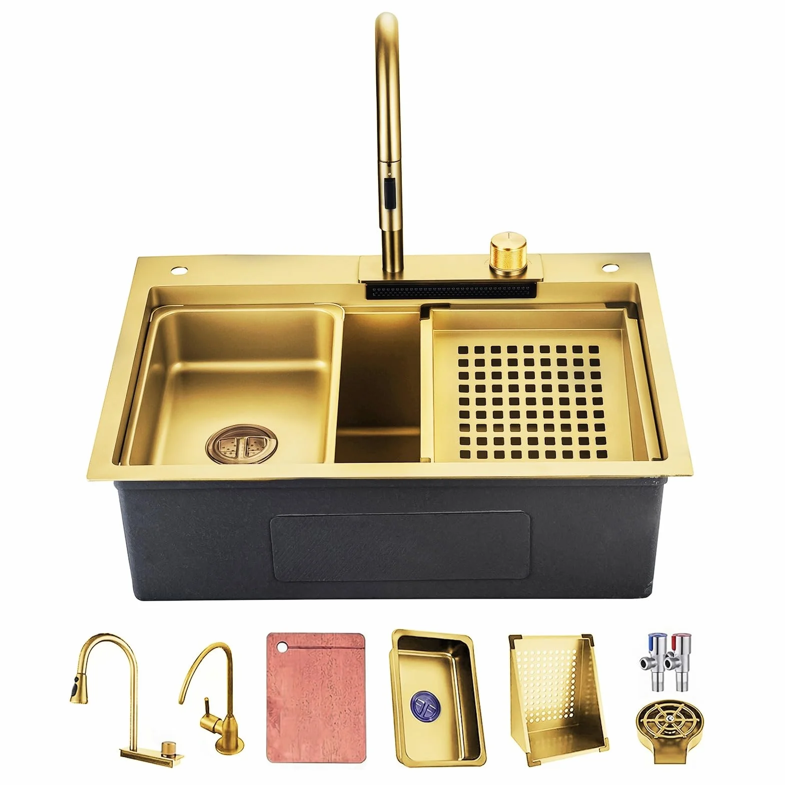 Gold Nano Kitchen Waterfall Sink Set with Multi-Function Pull-Out Faucet Deep Single Bowl 75x45cm