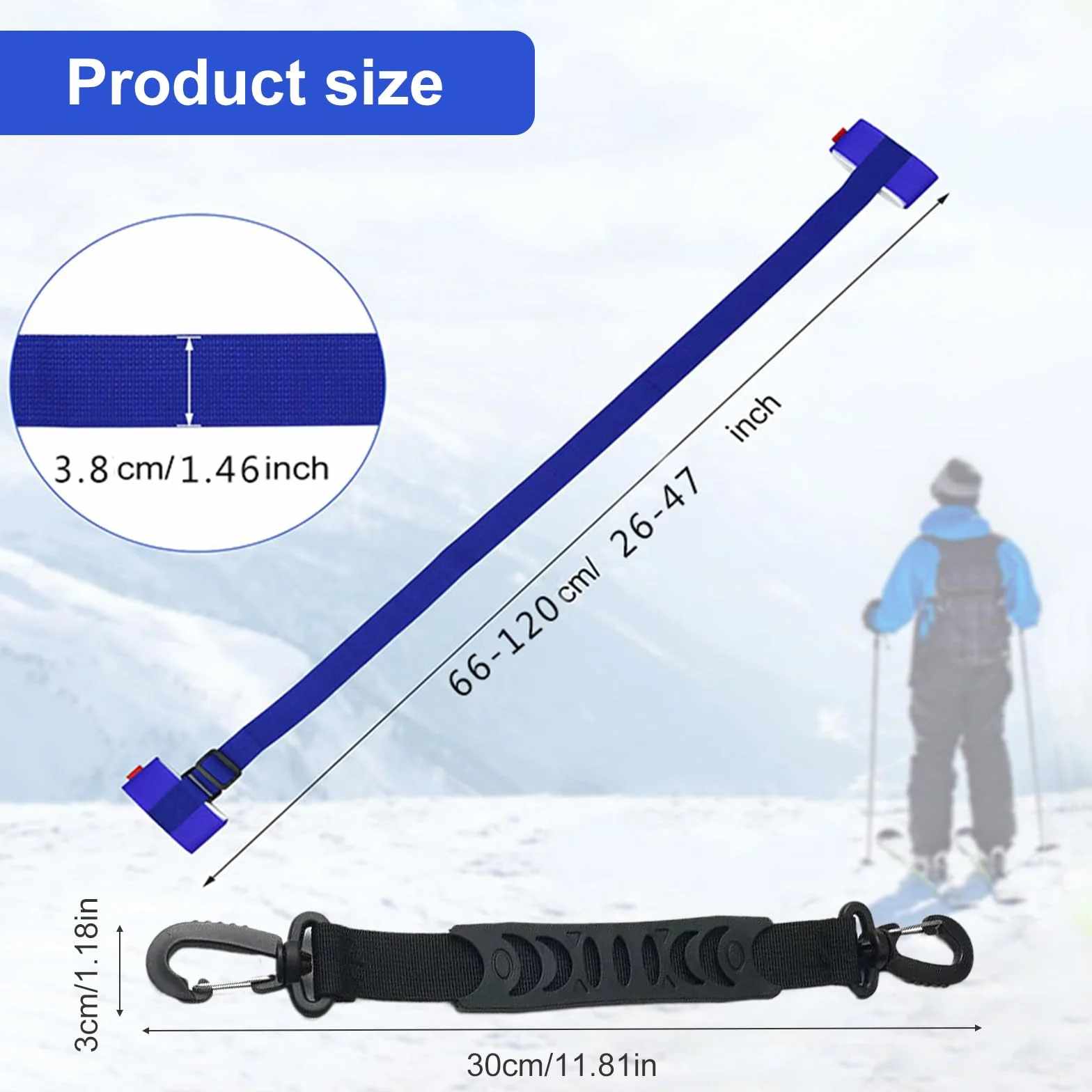 Pas do noszenia nart – 2 sztuki, regulowany uchwyt na ramię, nylonowy uchwyt na narty, pas do wiązania snowboardowego, pasy narciarskie z wyściełaną taśmą zamykającą, do łatwego przenoszenia nart i
