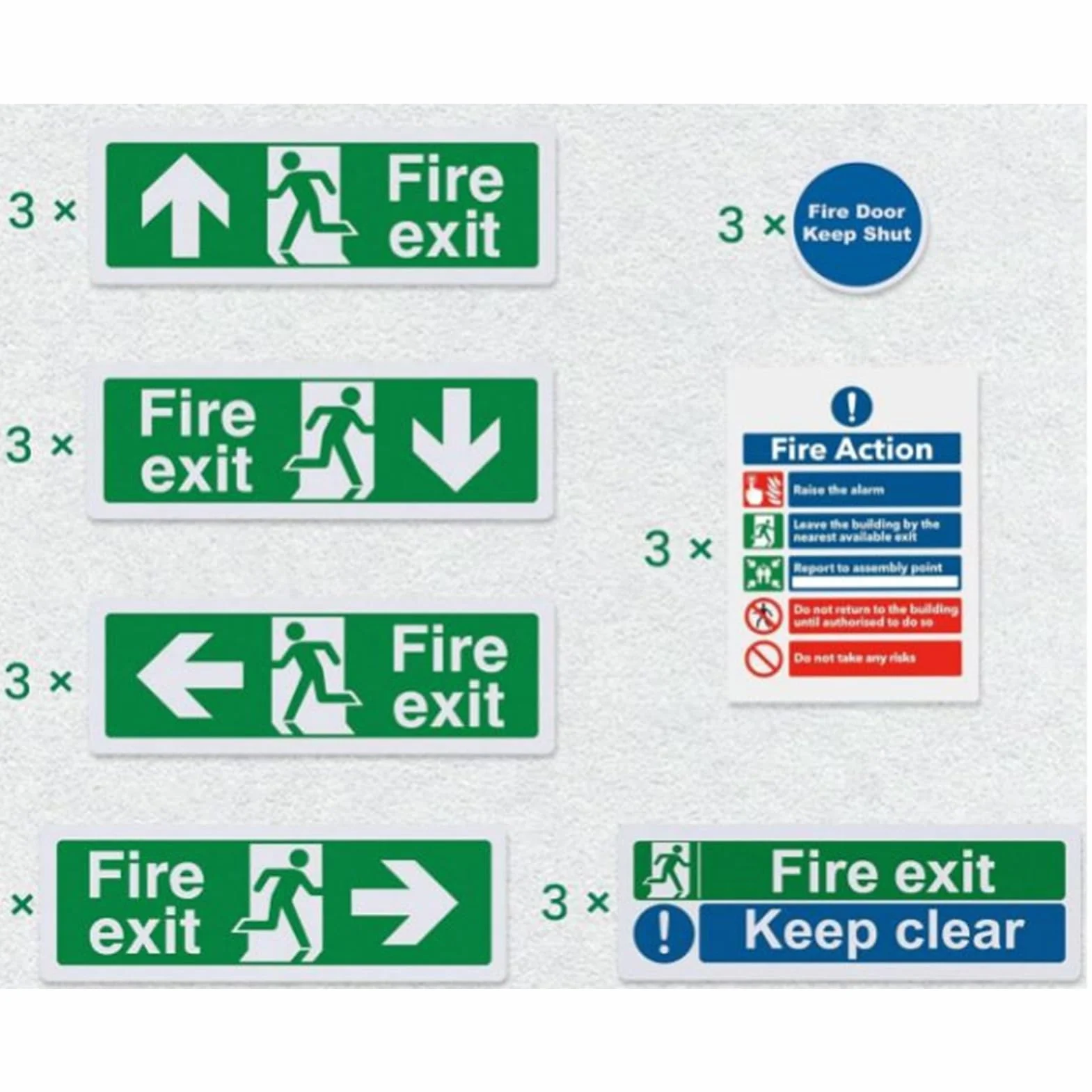 Znak Fire Exit, zestaw naklejek samoprzylepnych, 21 x duża czcionka, człowiek biegnący prawo, znaki bezpieczeństwa