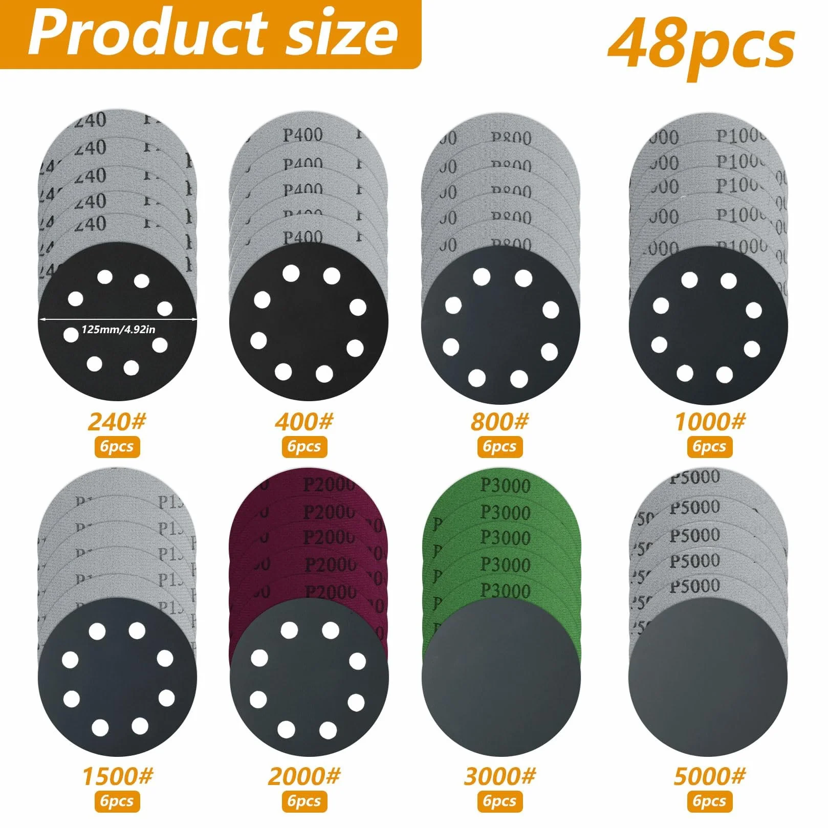 Kół szlifierskie 125 mm na rzep, ziarnistości 240-5000, 48 sztuk