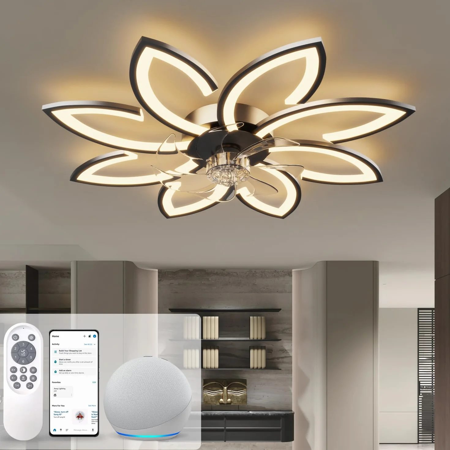 Wentylator sufitowy z oświetleniem i aplikacją zdalnego sterowania, lampa z wentylatorem, cichy, kwiatowy nowoczesny design, możliwość ściemniania, funkcja pamięci, silnik DC, tryb letni, tryb