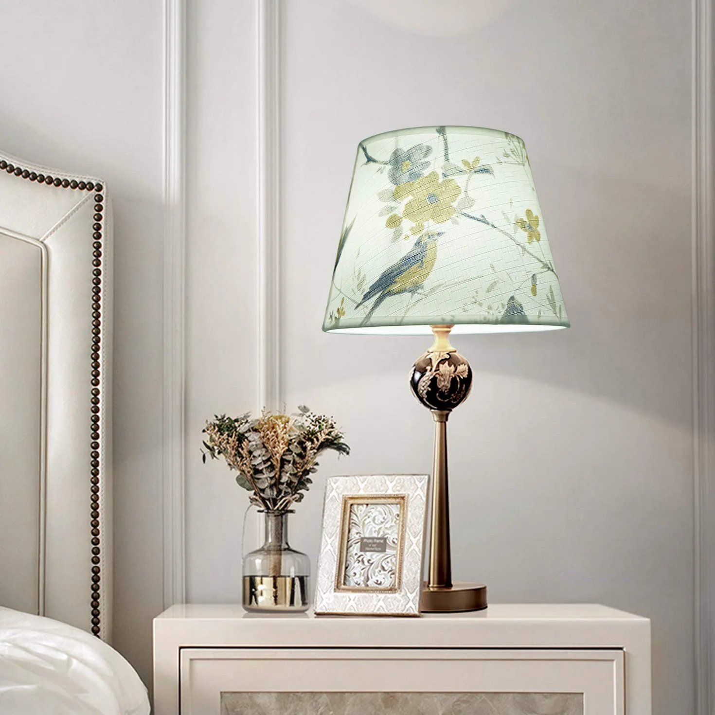 DULEE Abażur Stołowy E27 25 cm Twarda Oprawa Bęben Lampka Nocna Ptak