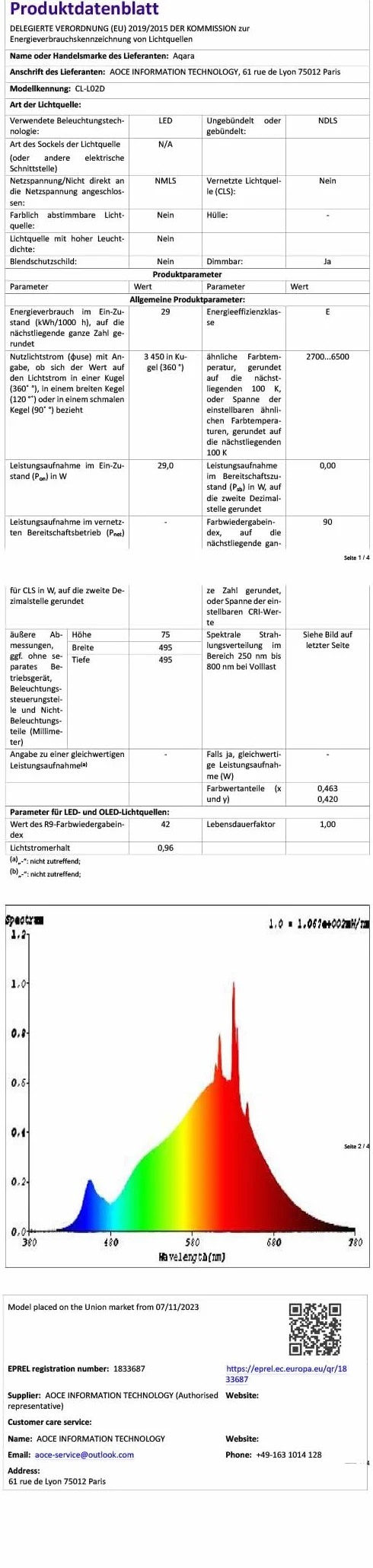 Aqara LED Lampa Sufitowa T1M, Matter, RGB + IC z Efektami Gradientu i 16 mln Kolorów, 40W 3450lm, 2700-6500K Biały Przestrajalny