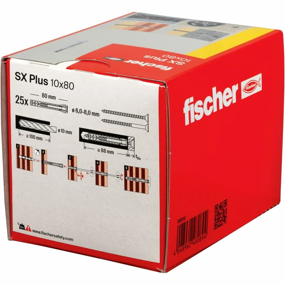 Fischer Kołek rozporowy SX Plus 10 x 80, pudełko 25 sztuk, nylonowe kołki do betonu, cegły pełnej