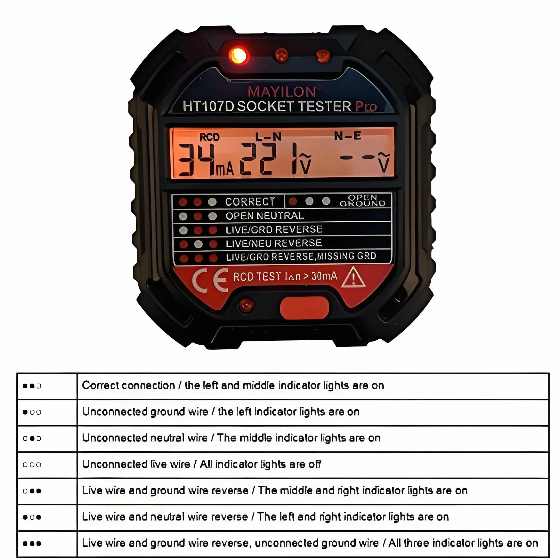 Tester obwodów HT107D Tester gniazda zasilania z wyświetlaczem LCD Narzędzie do kontroli awarii sieci elektrycznej Tester gniazd do szkół laboratoryjnych fabryk