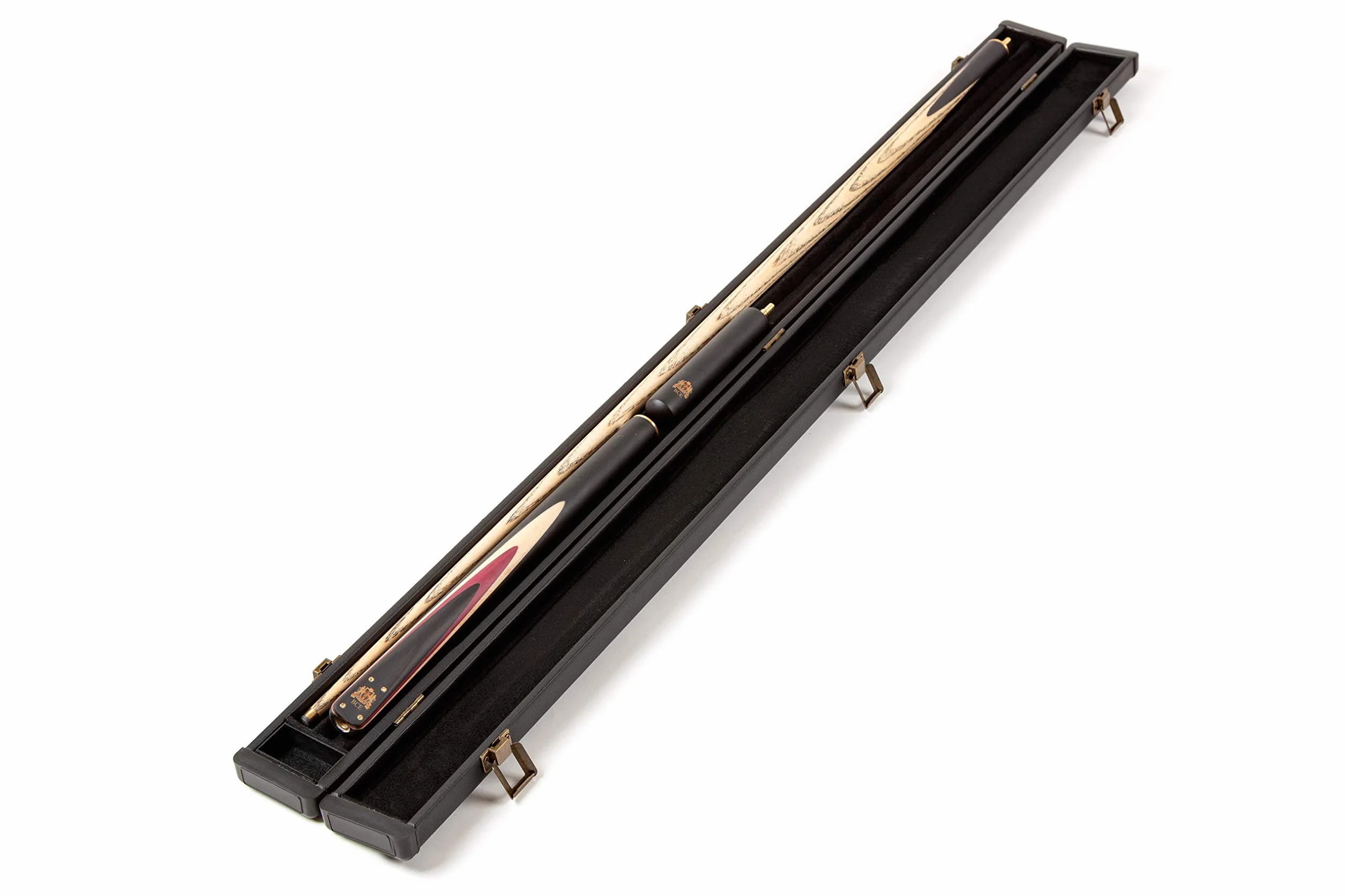BCE Heritage Sapele Mahogany ¾ Cut Snooker Cue – końcówka 145 cm – 9,5 mm z przedłużeniem 15 cm i twardym etui + zestaw akcesoriów zawierający końcówki łosia ROS, kredę trójkątną i ręcznik Riley Cue.