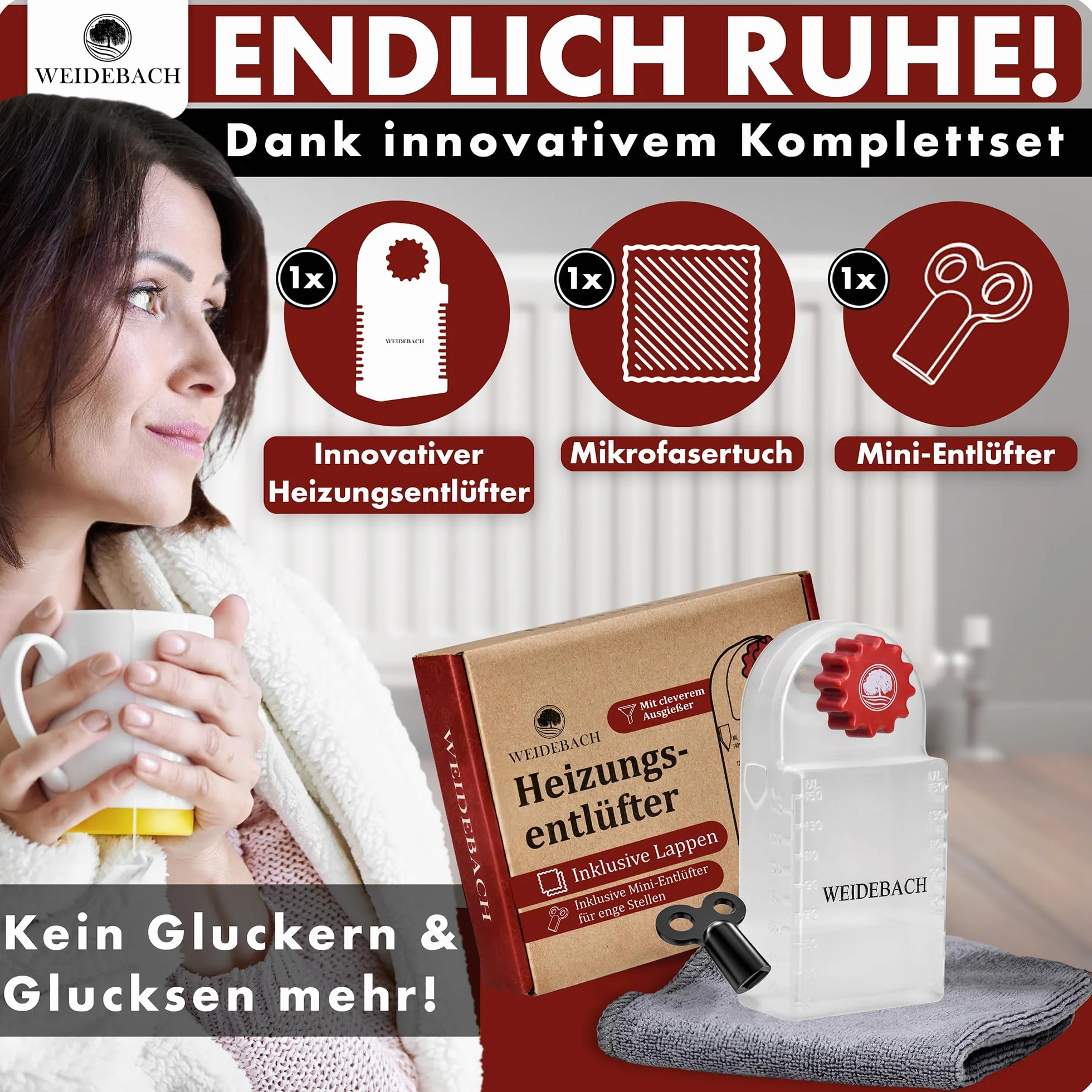 WEIDEBACH® Klucz do odpowietrzania grzejników z pojemnikiem odbiorczym (140ml), odpowietrzacz do grzejników wraz z mikrofibrowym ręcznikiem i mini kluczem do odpowietrzania na wąskie przestrzenie