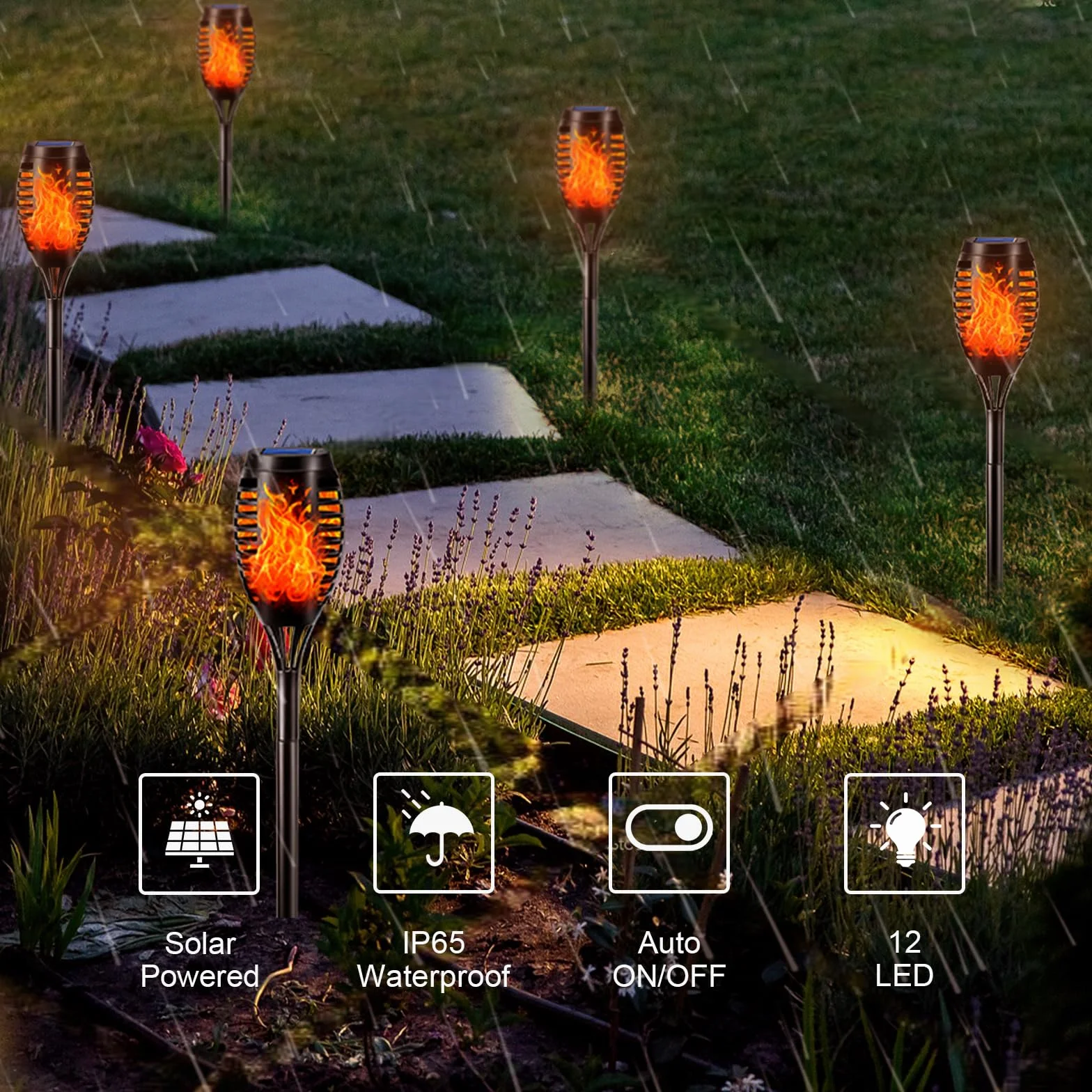 LQWELL Latarki solarne ogrodowe IP65 2 sztuki 12 diod LED realistyczna lampa ścieżkowa z płomieniem