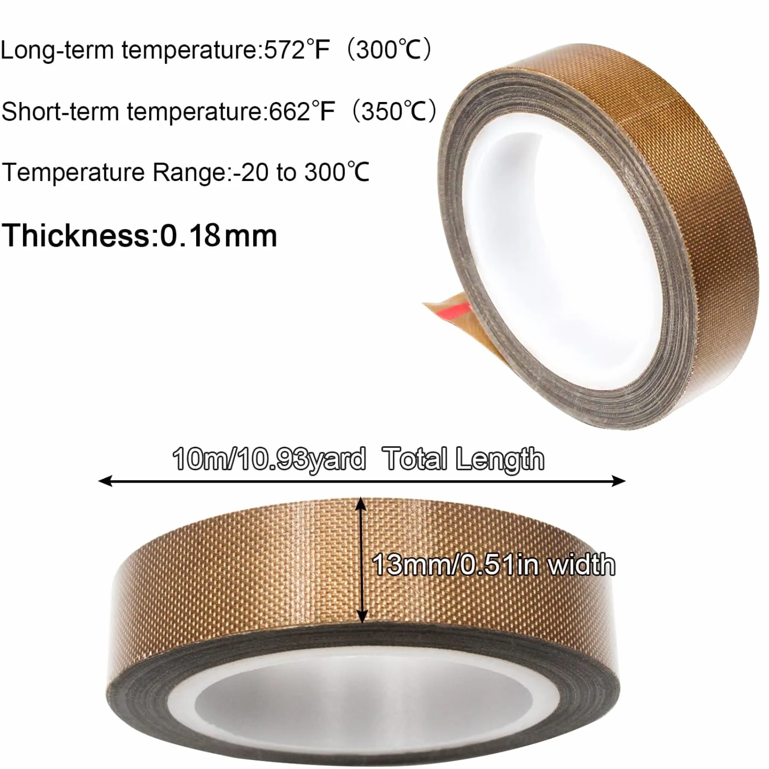 Taśma PTFE Teflonowa Odporna na Ciepło, Klej do Izolacji Termicznej, Grubość 0,18 mm x Szerokość 13 mm x Długość 10 m