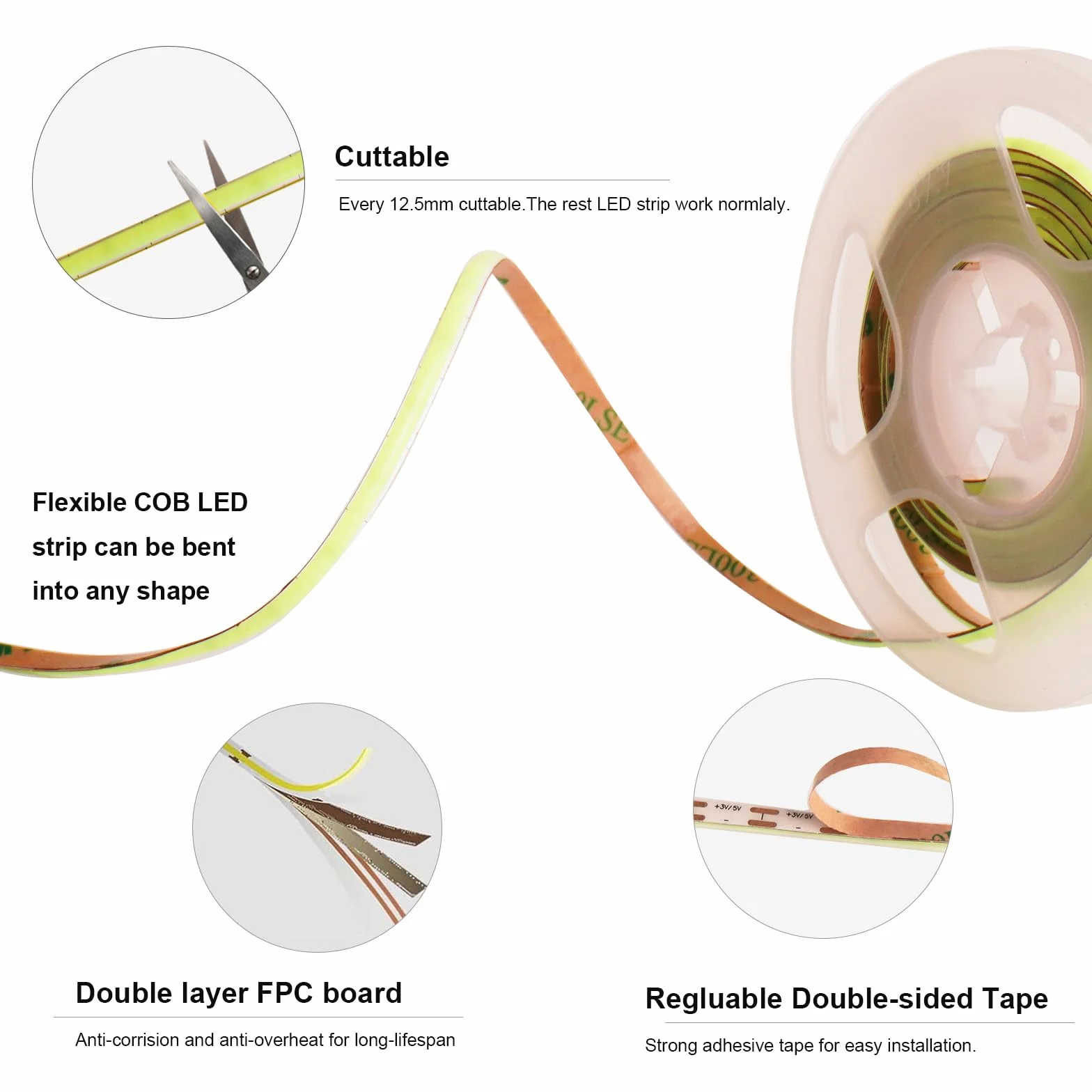 Zielony COB taśma LED 5V 3m 480 LED/m USB CRI90 2,7mm do kamery telewizora inteligentne podświetlenie