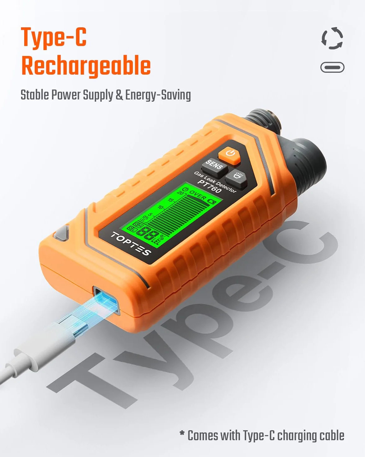 TopTes PT760 Akumulatorowy detektor gazu ziemnego z 30 cm wysuwaną sondą, wykrywanie wycieku propanu %LEL z latarką do metanu, butanu