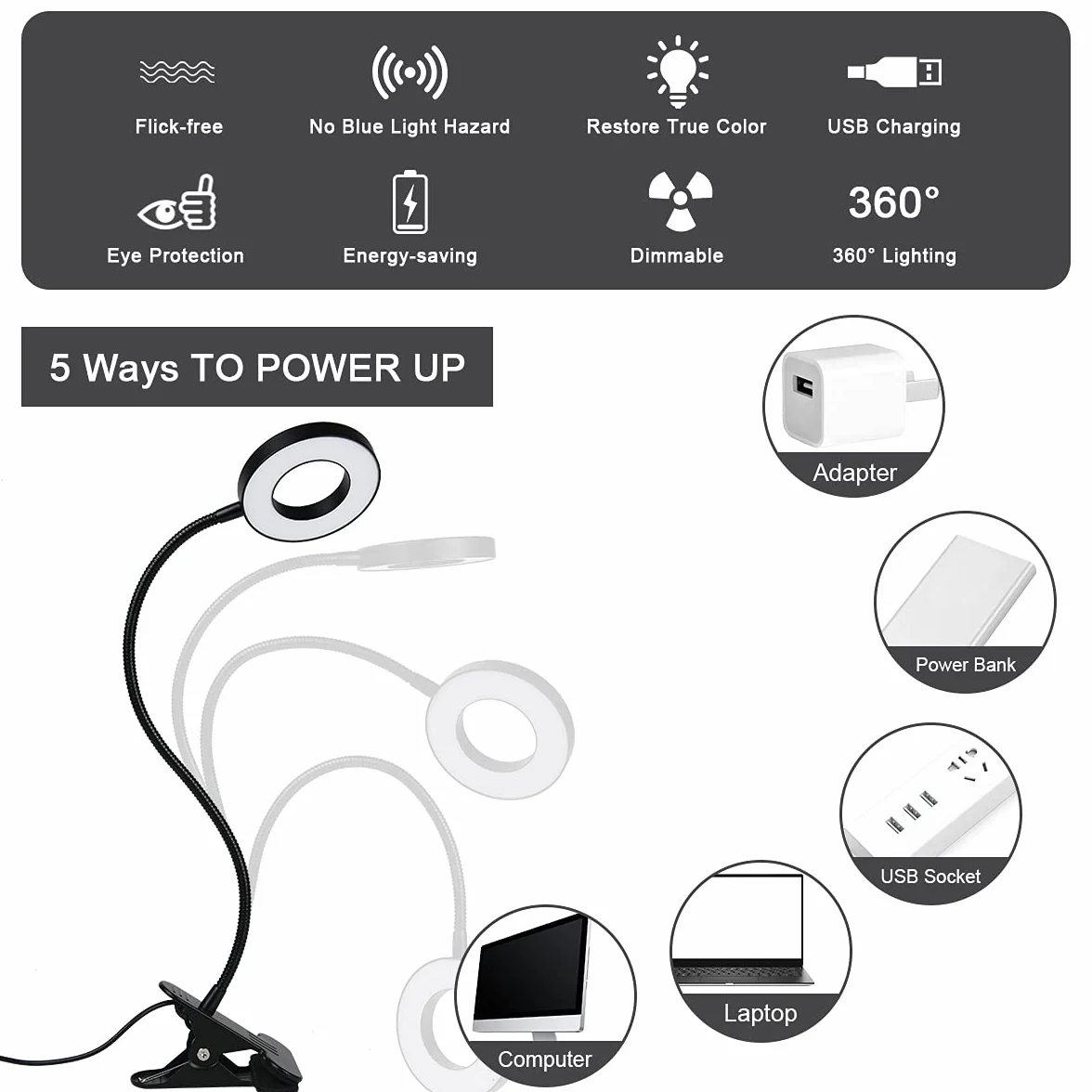 Lampa biurkowa URAQT Clip USB z 12 poziomami jasności, 3 tryby oświetlenia, lampka nocna na gęsiej szyi, ochrona oczu