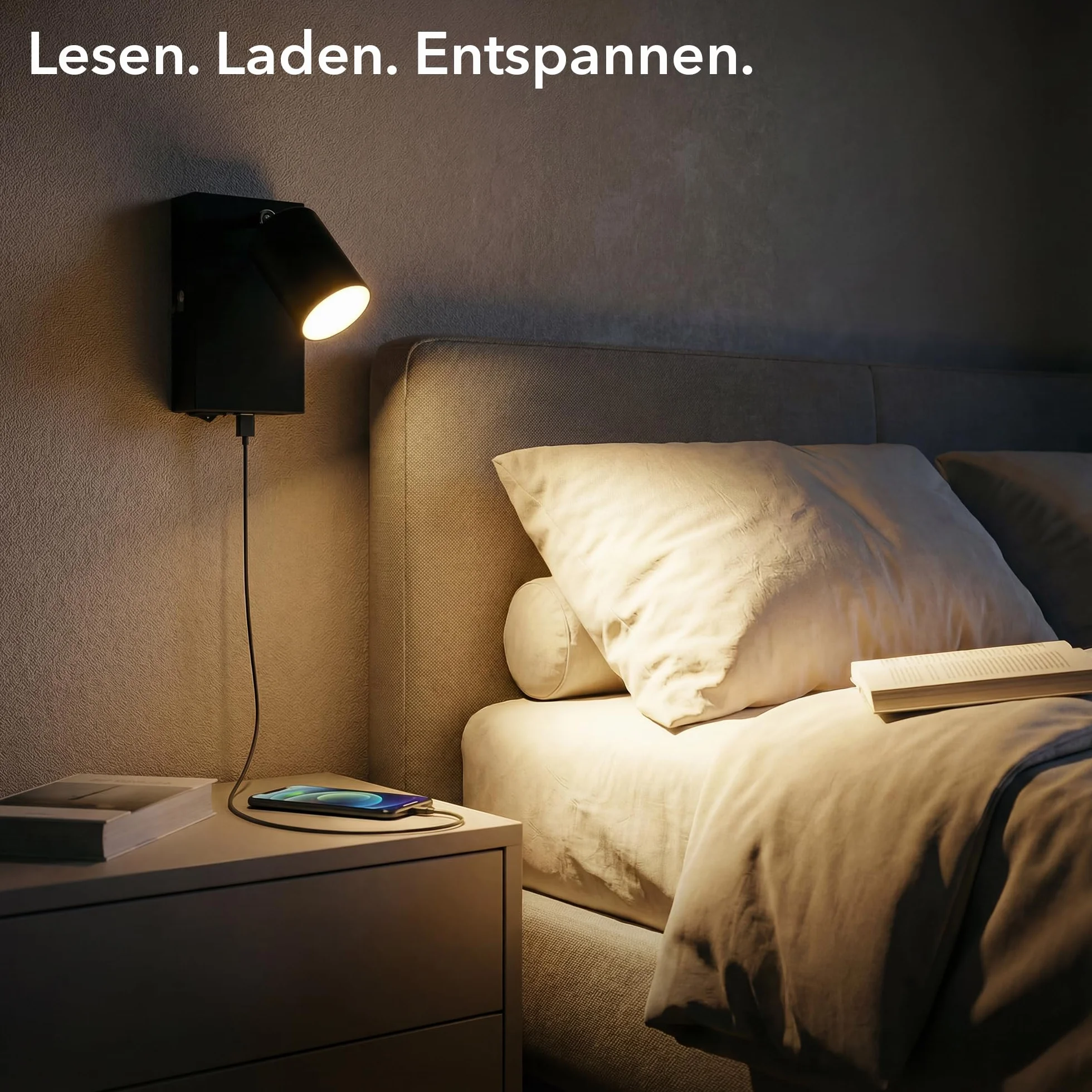 ledscom.de 2 sztuki Lampa ścienna WAIKA, 1-światło, czarna, USB-C, USB-A, z lampą LED GU10 450lm, ciepła biel
