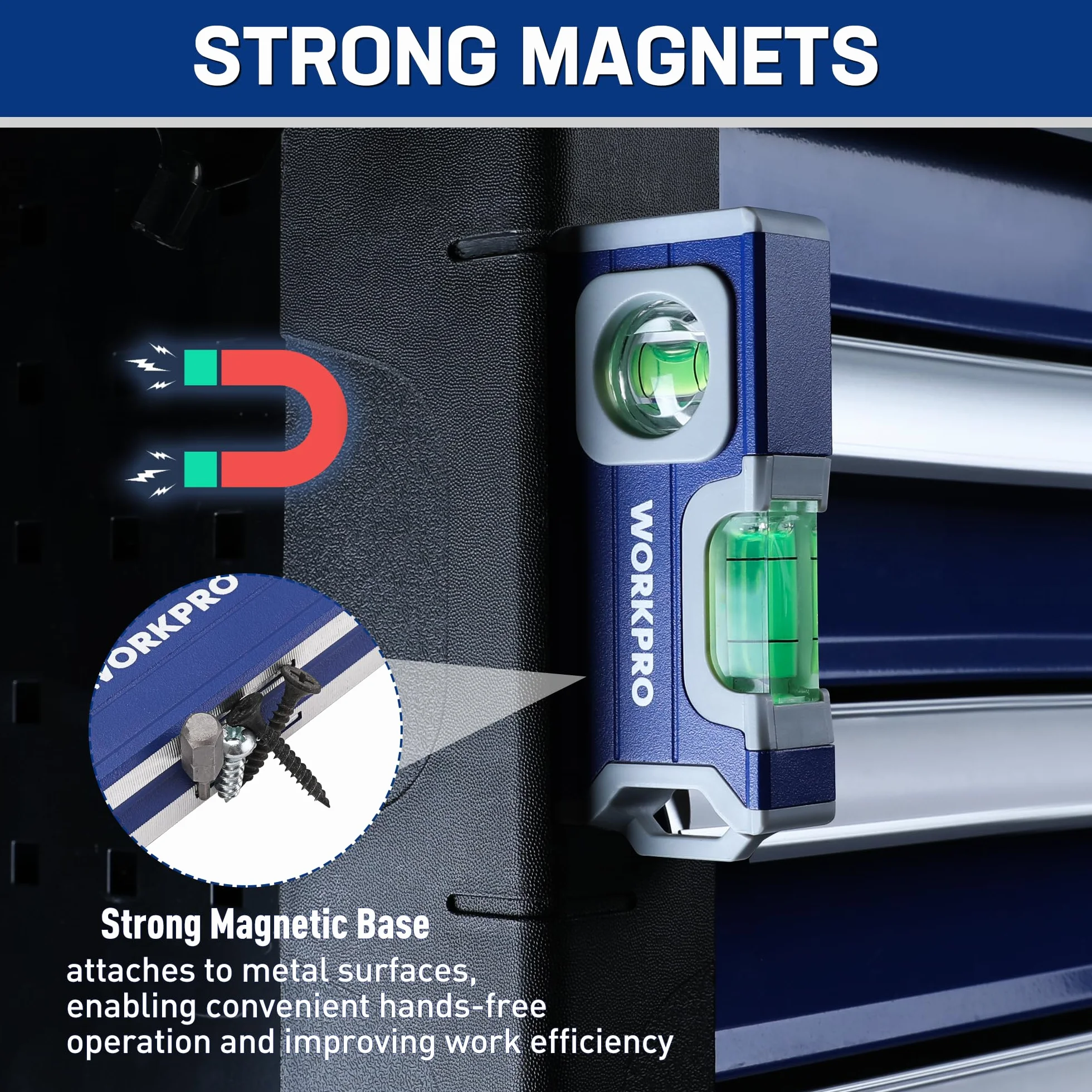 WORKPRO Poziomica magnetyczna 115 mm, mini z 2 fiolkami 90°/180°, otwór do zawieszenia, stop aluminium, mocny magnes