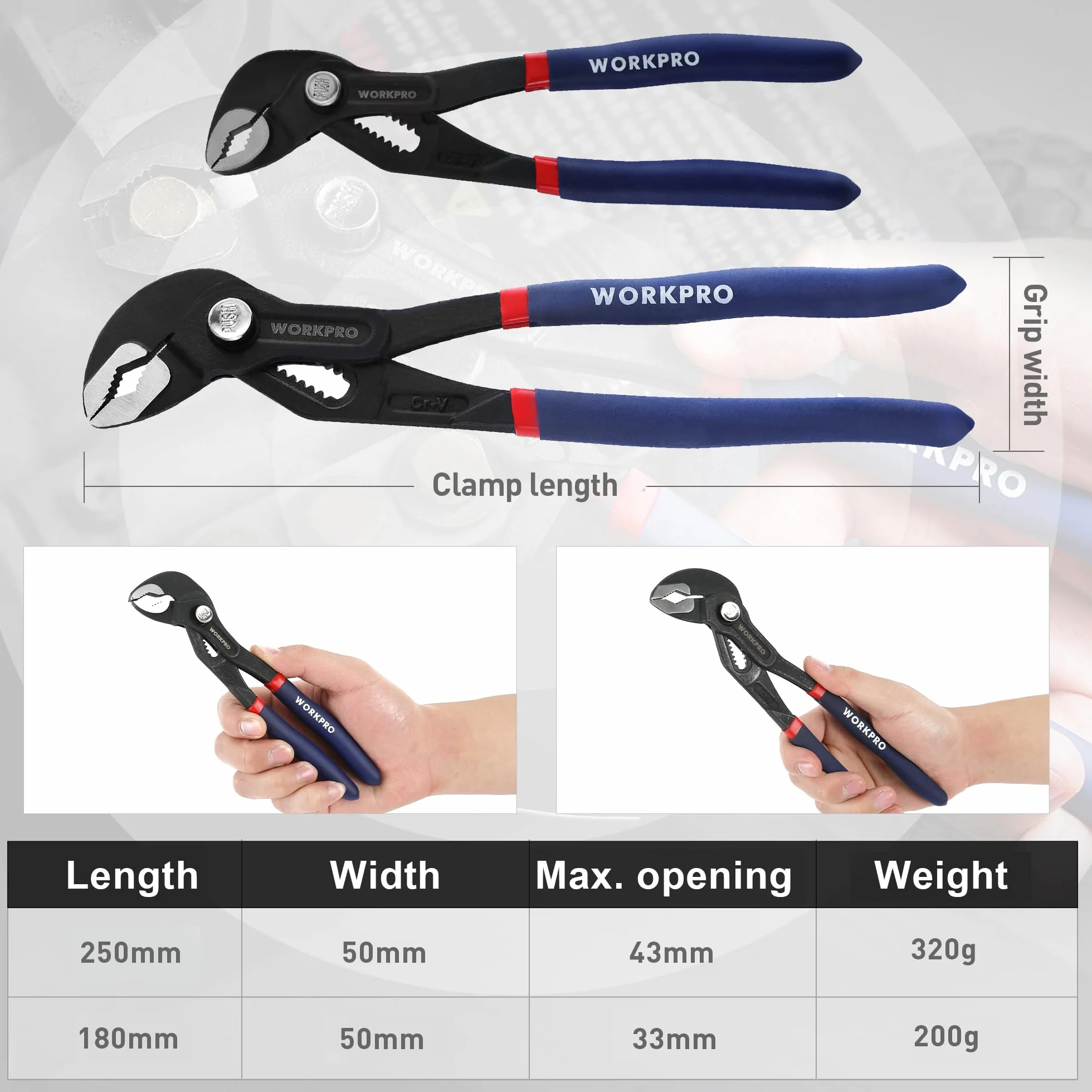 WORKPRO Zestaw szczypiec do pomp wodnych 180 mm 250 mm 2-częściowy