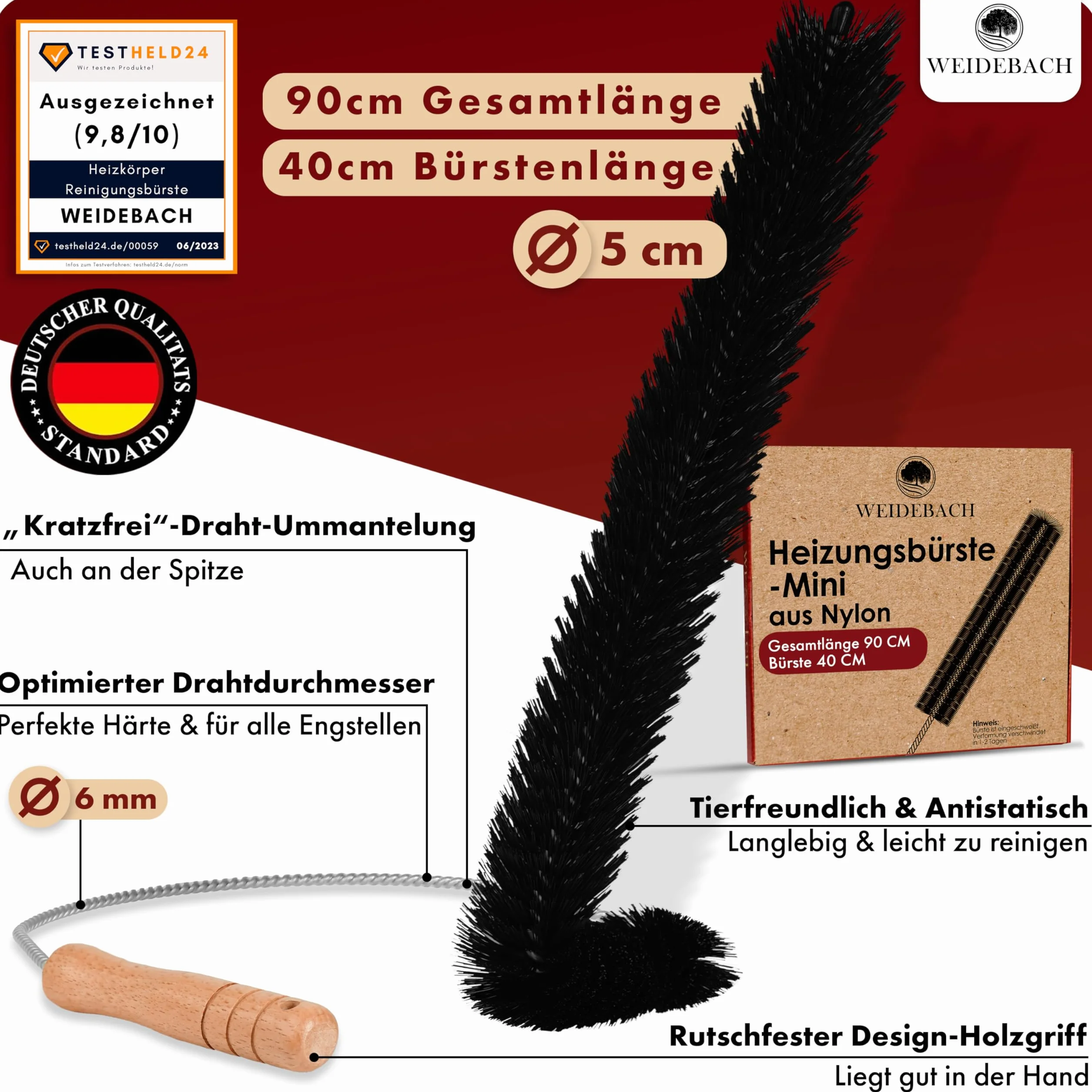 WEIDEBACH Szczotka do grzejników 90 cm długość całkowita 40 cm szczotka nylonowa do czyszczenia bez sierści zwierzęcej pod każdym kątem stabilna