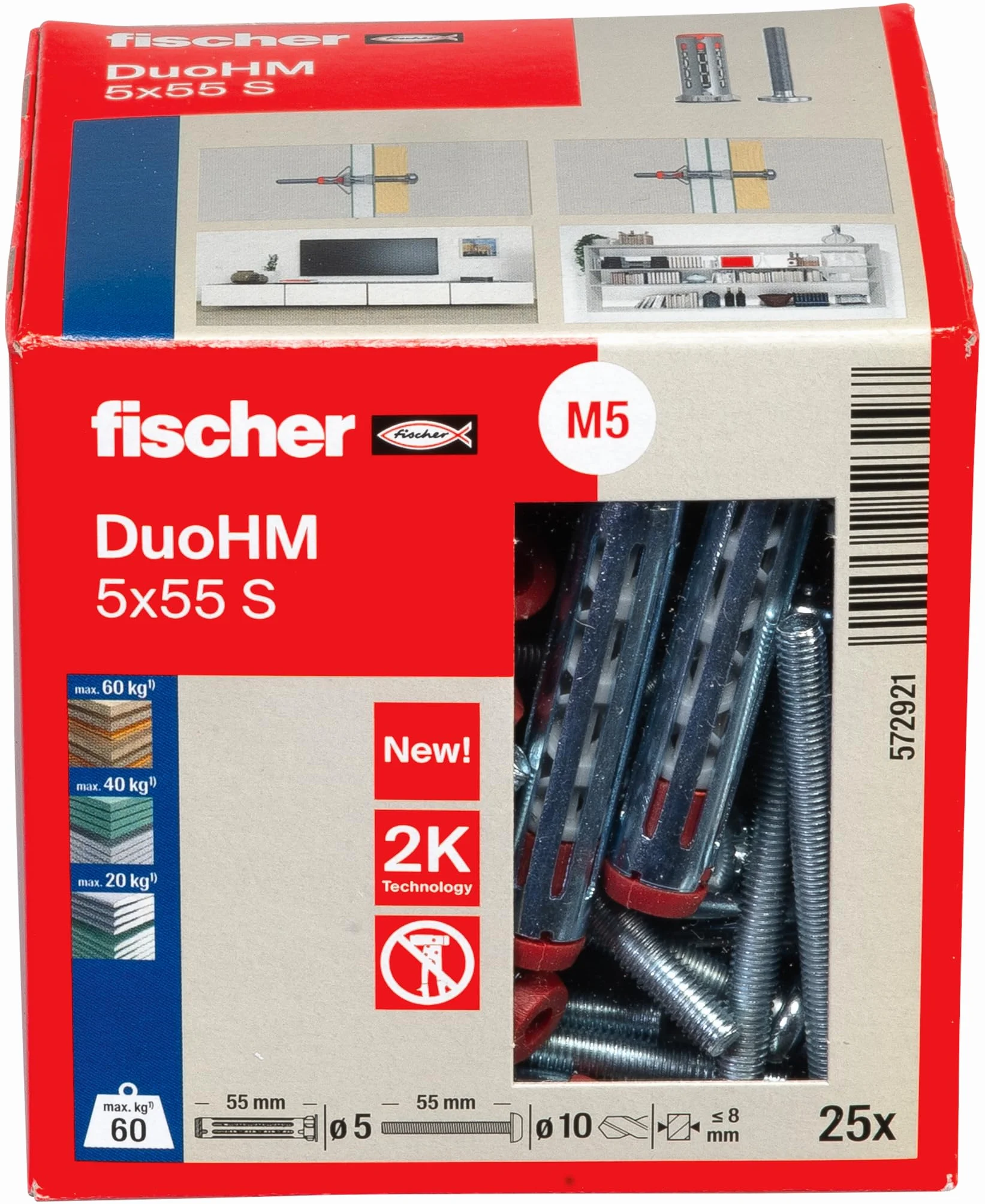 fischer Kołek rozporowy DuoHM 5 x 55 S PZ, kołki z metryczną śrubą panhead i napędem PZ, 25 sztuk