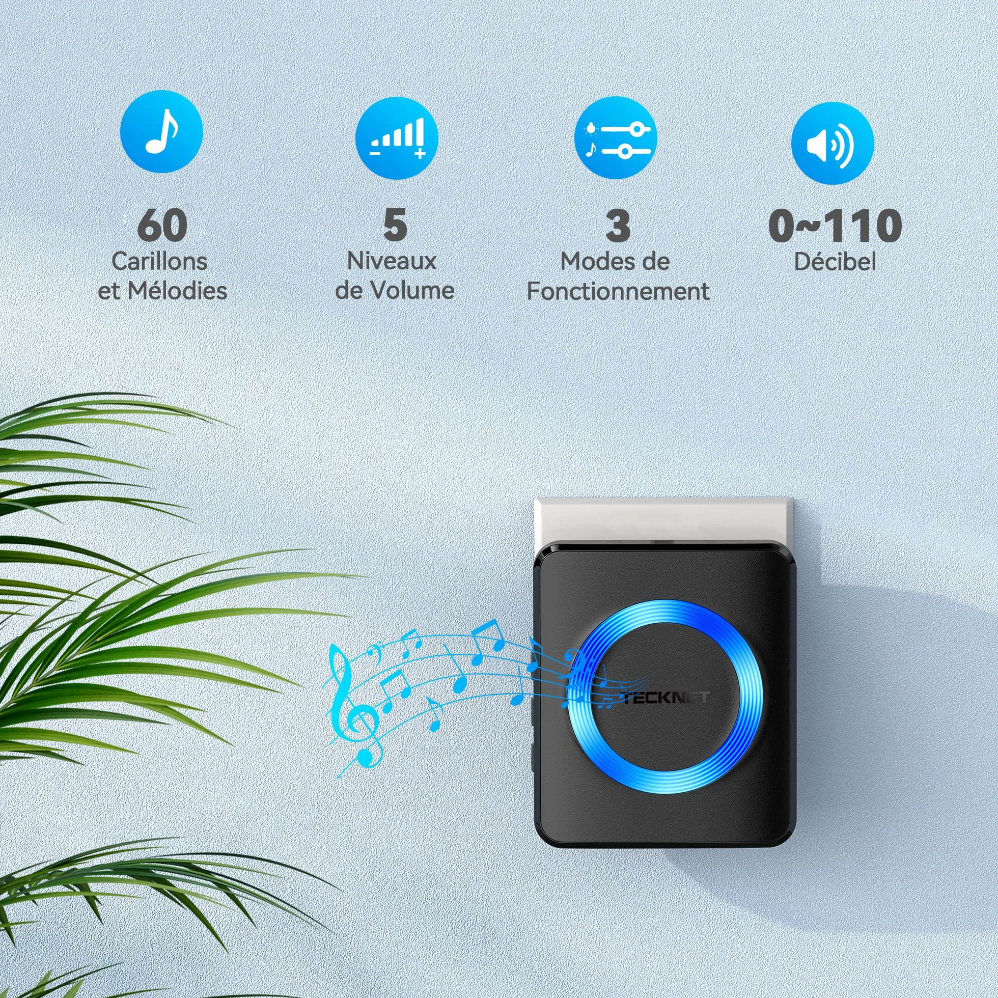 TECKNET Bezprzewodowy Dzwonek do Drzwi IP65 Wodoodporny, Spełnia Wymagania Pracy od -20 ℃ do 60 ℃, Zasięg Bezprzewodowy 400m, 60 Melodii i 5 Poziomów Regulacji Głośności Zewnętrznego Dzwonka do Drzwi