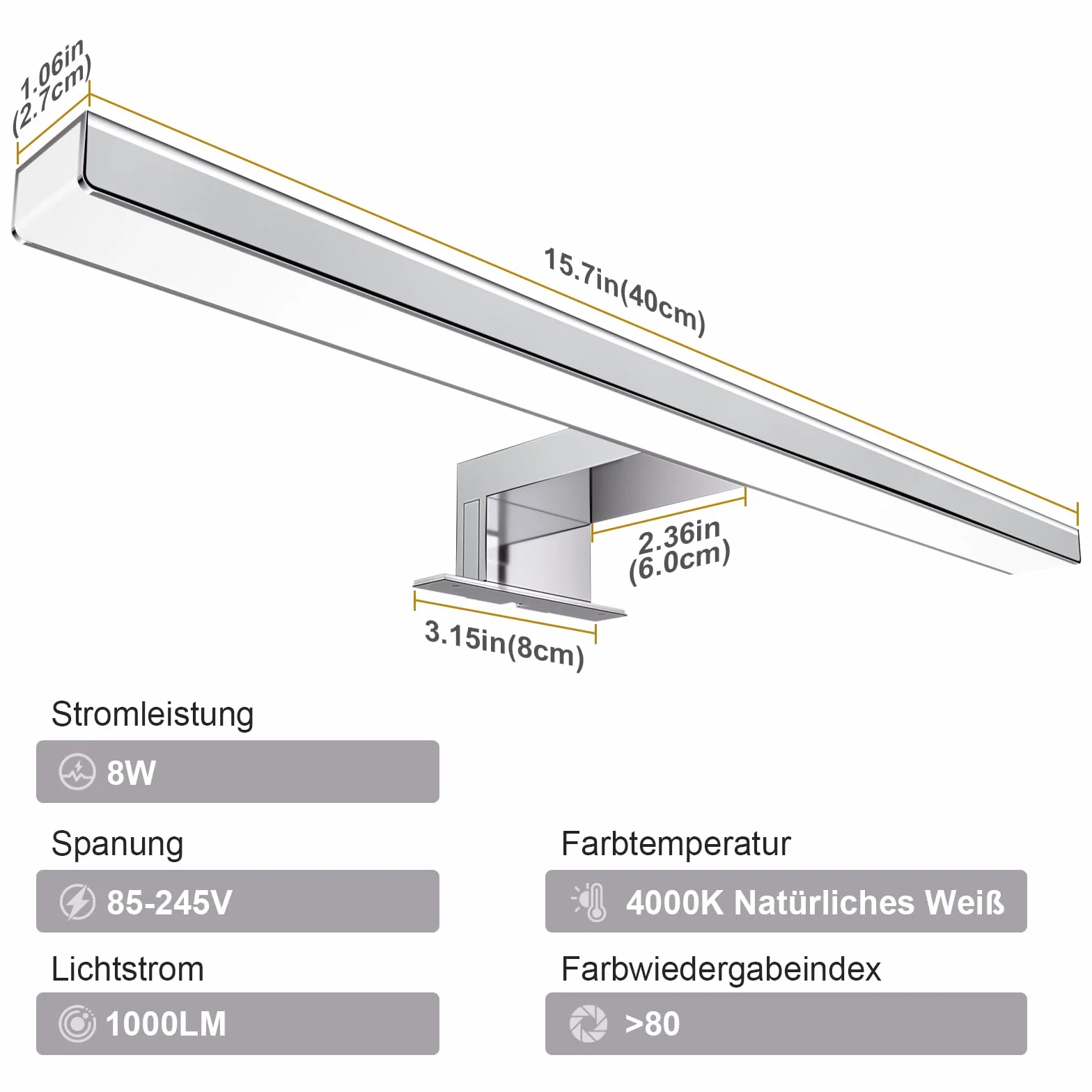 Karrong Lampa LED do lustra łazienkowego 40 cm 8 W 1000 lm 4000 K IP44 wodoszczelna