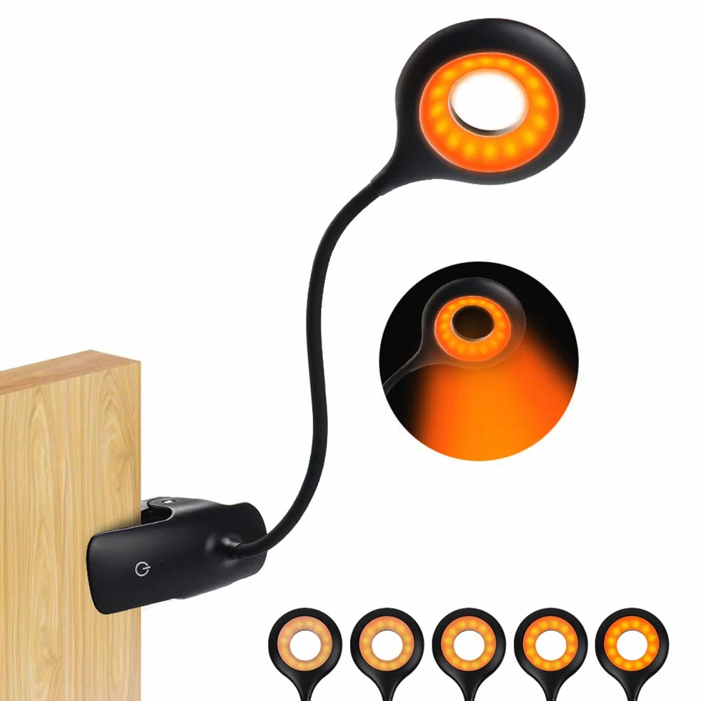 Lampka do czytania, lampa zaciskowa 16 LED, łóżko, lampki do książek, lampa zaciskowa do ładowania USB, jasność 5, możliwość przyciemniania, elastyczna lampa zaciskowa 360 °, ochrona oczu, bursztynowa lampka nocna, lampka nocna [Klasa energetyczna A++]