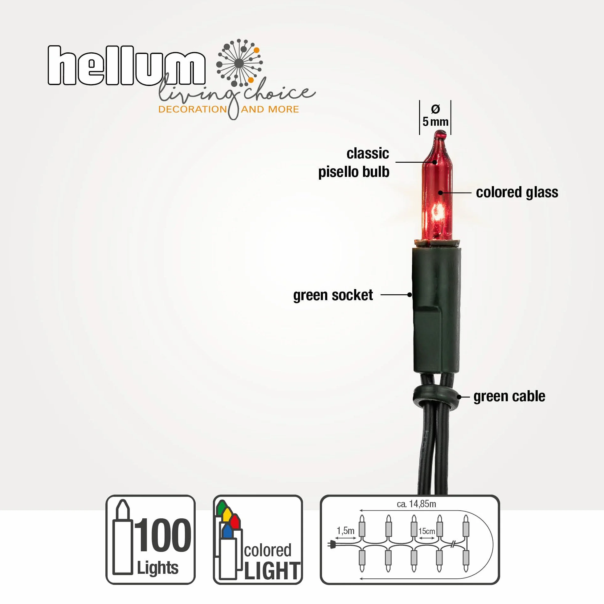 Hellum Wewnętrzny łańcuch świetlny na choinkę 100 kolorowych świateł 14,85 m 59 lm zielony kabel