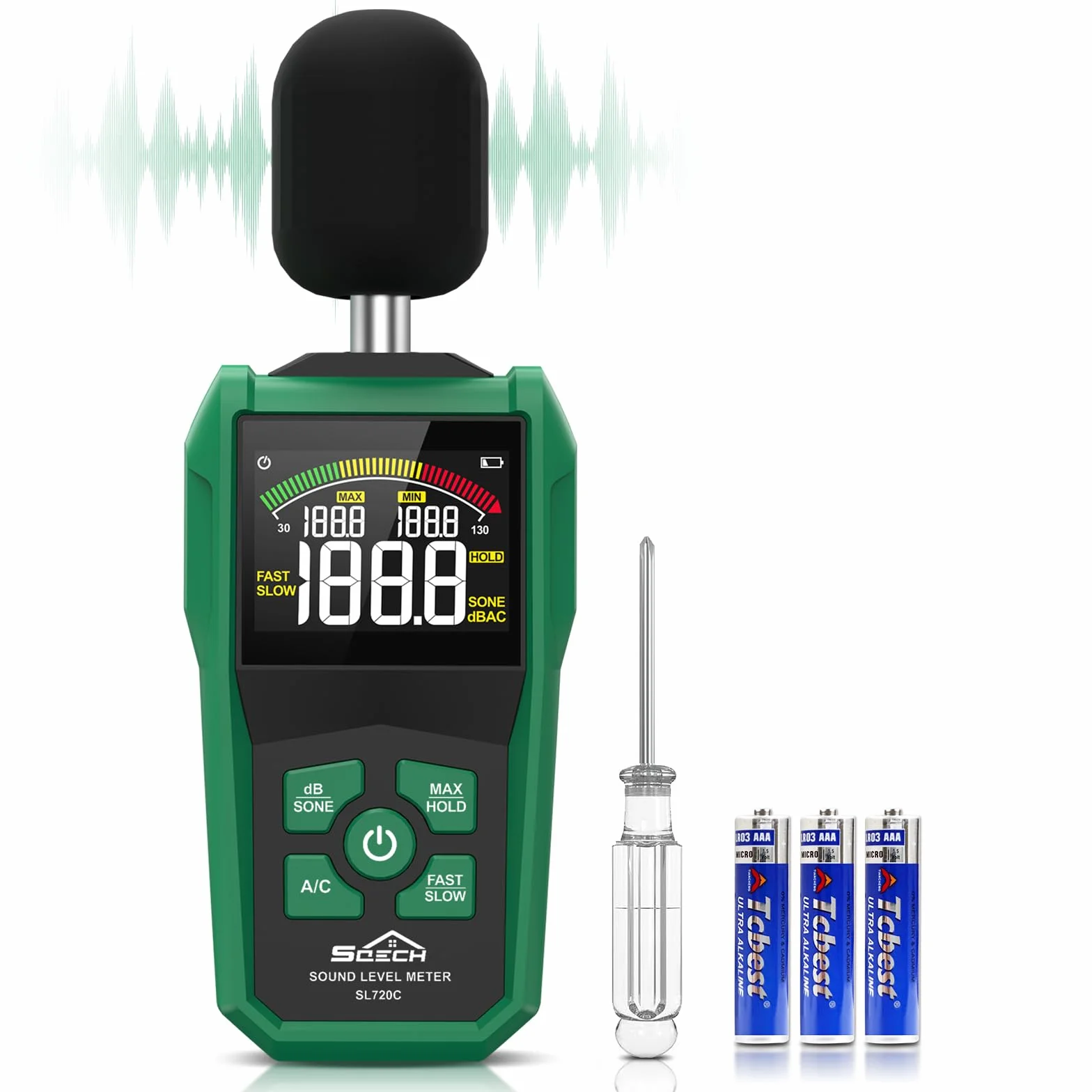 SQECH Miernik Poziomu Dźwięku 30-130dB z Kolorowym Ekranem, Ważenie A/C, dB/SONE, FAST/SLOW