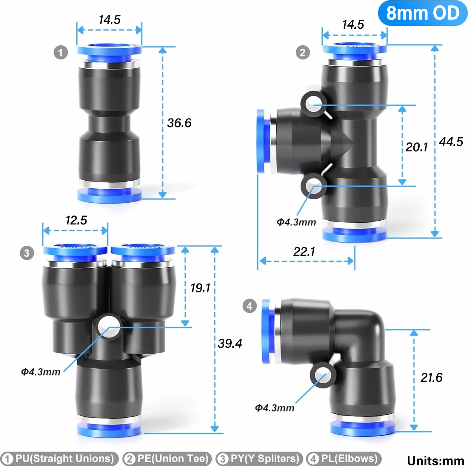 TAILONZ PNEUMATIC Zestaw złączek pneumatycznych 8 mm OD Push to Connect 40 szt.