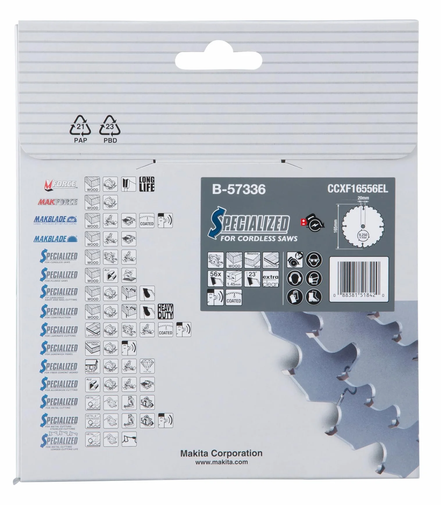 Makita B-57336 EFFICUT brzeszczot do piły tarczowej Ø 165 x 1,45 x 20 mm, 56 zębów, kąt zębów 23°, do drewna, MDF, laminatu