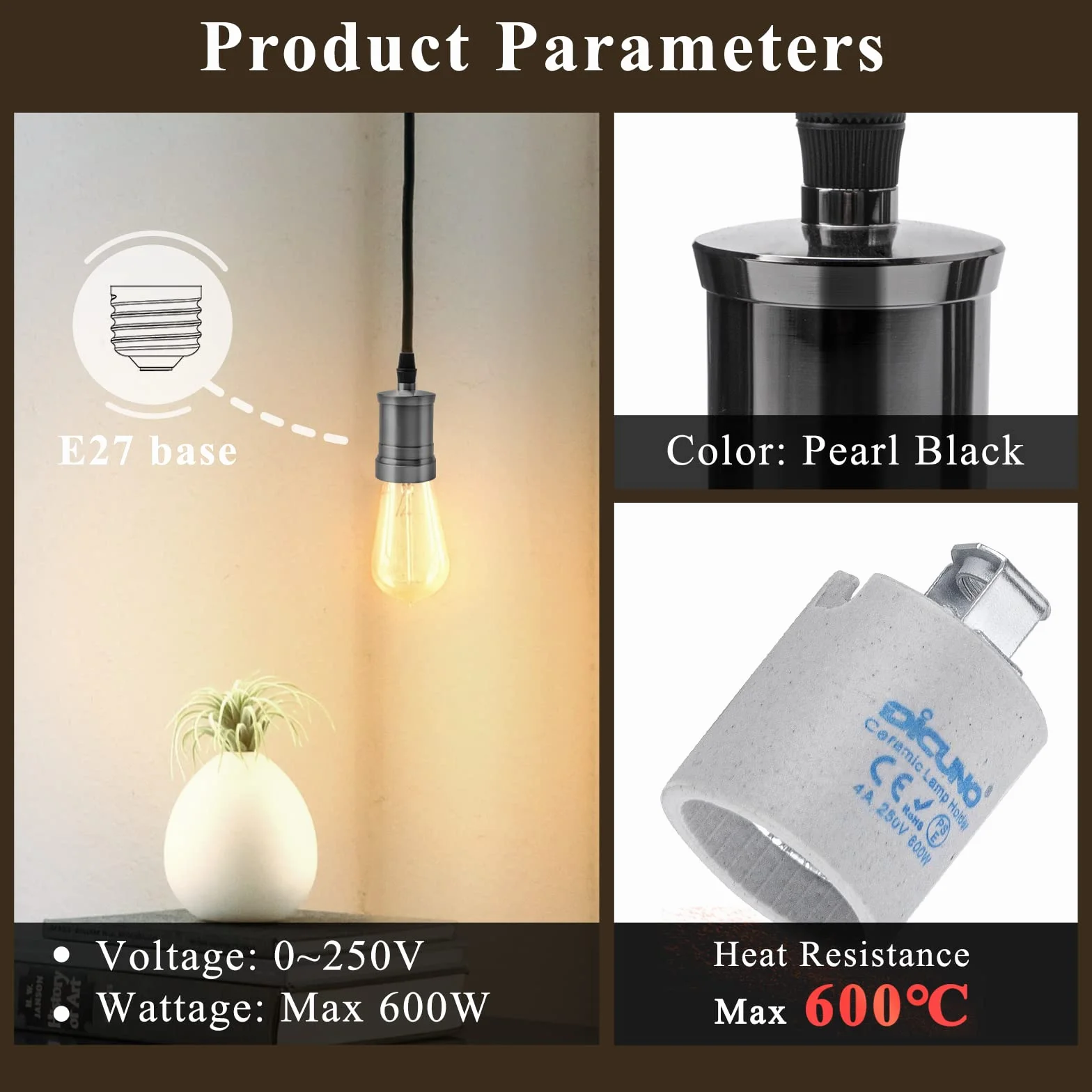 DiCUNO Vintage E27 oprawka lampy, retro aluminiowy i ceramiczny uchwyt lampy, Edison retro lampa wisząca do majsterkowania, płaski kształt czarna perłowa gniazdo, 6 sztuk