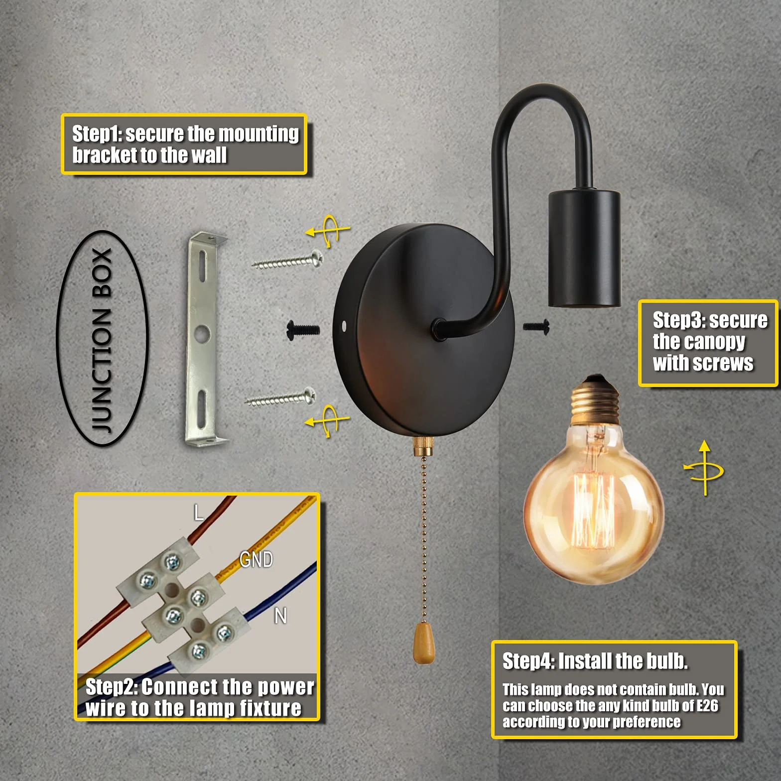 Lightess Lampa ścienna vintage E27 czarna metalowa industrialna retro z przełącznikiem