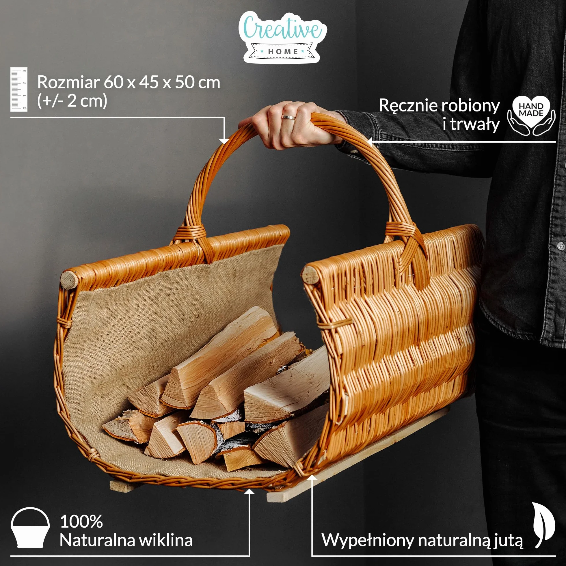 Creative Home Kosz Wiklinowy do Przechowywania Drewna Kominkowego z Uchwytem Obszyty Jutą | 60x45x50cm (+/-2cm) Duży Zaokrąglony Owalny | Ręcznie Pleciony Trwały | Naturalny Brązowy | Wielofunkcyjny