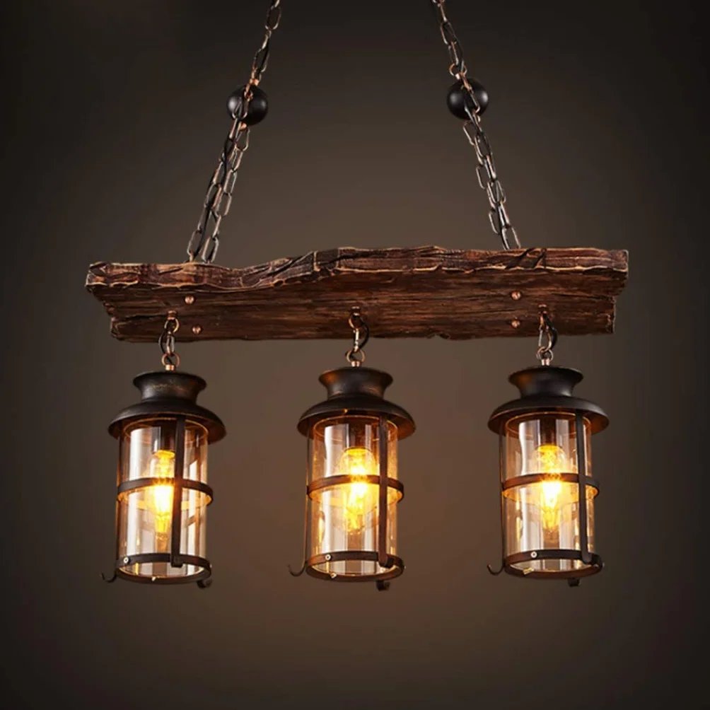 Lampa wisząca vintage E27, przemysłowa retro drewno czarna żelazo i szkło, klosz loft z regulacją wysokości