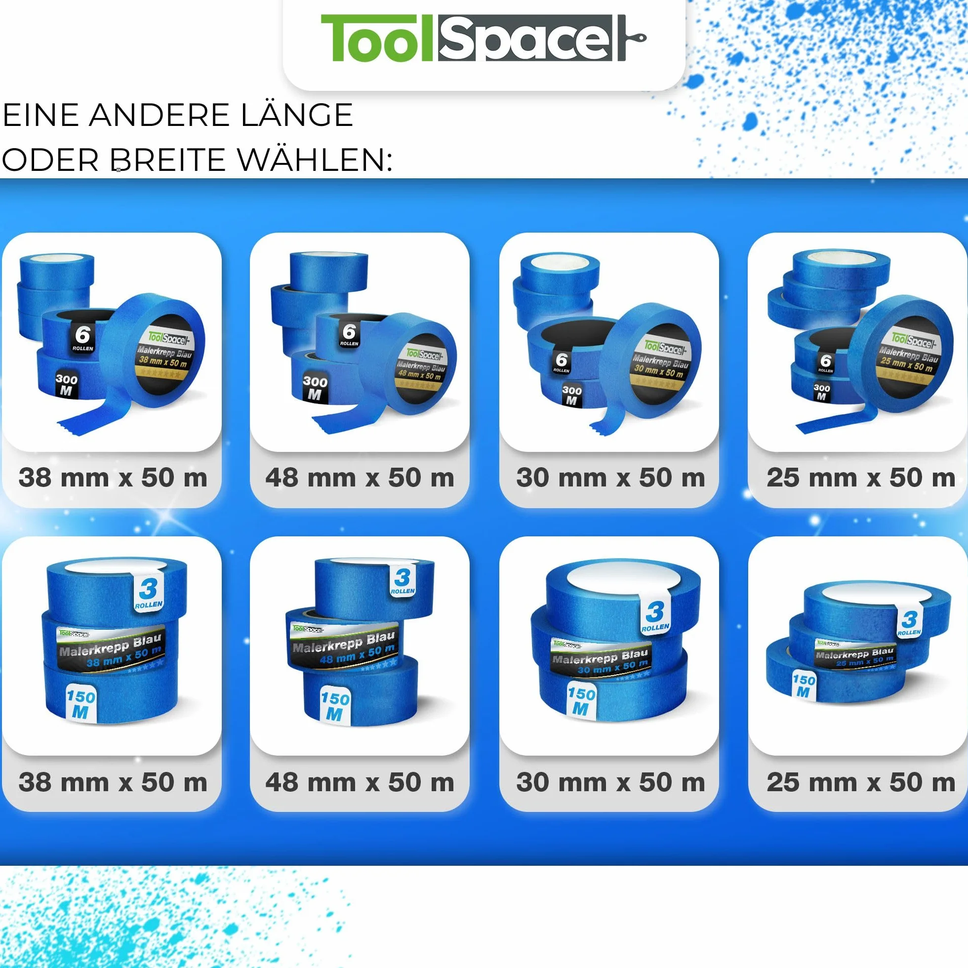 ToolSpace Taśma Papierowa Niebieska Ochronna do Malowania Ścian i Sufitów Prac Remontowych Klej Bez Rozpuszczalników Nie Podcieka 48mm/50 m Zestaw 3 Sztuk 150 m