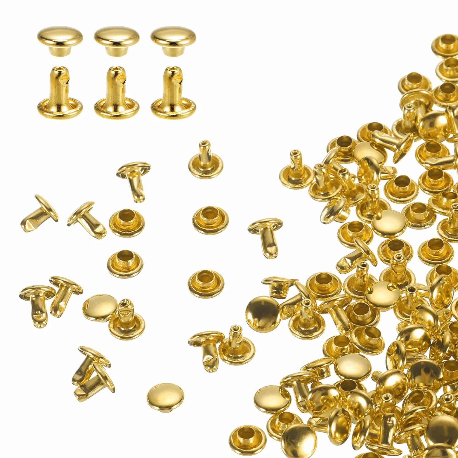 QUARKZMAN 100 zestawów dwuczęściowych skórzanych nitów 6 x 6 mm okrągła nasadka metalowa złoty