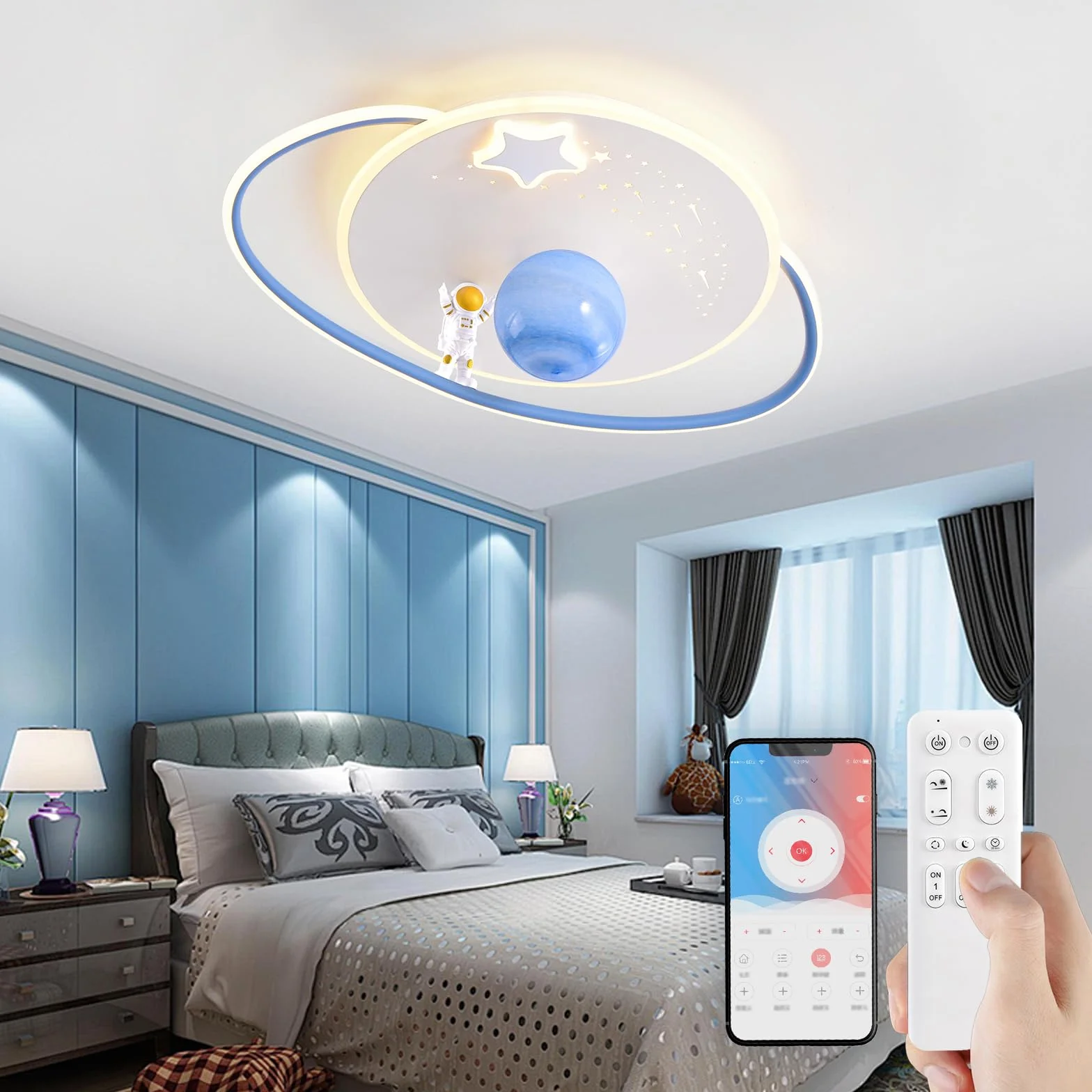 Lampa sufitowa LED ściemniana z pilotem zdalnego sterowania astronauta księżyc dekoracyjna do pokoju dziecięcego