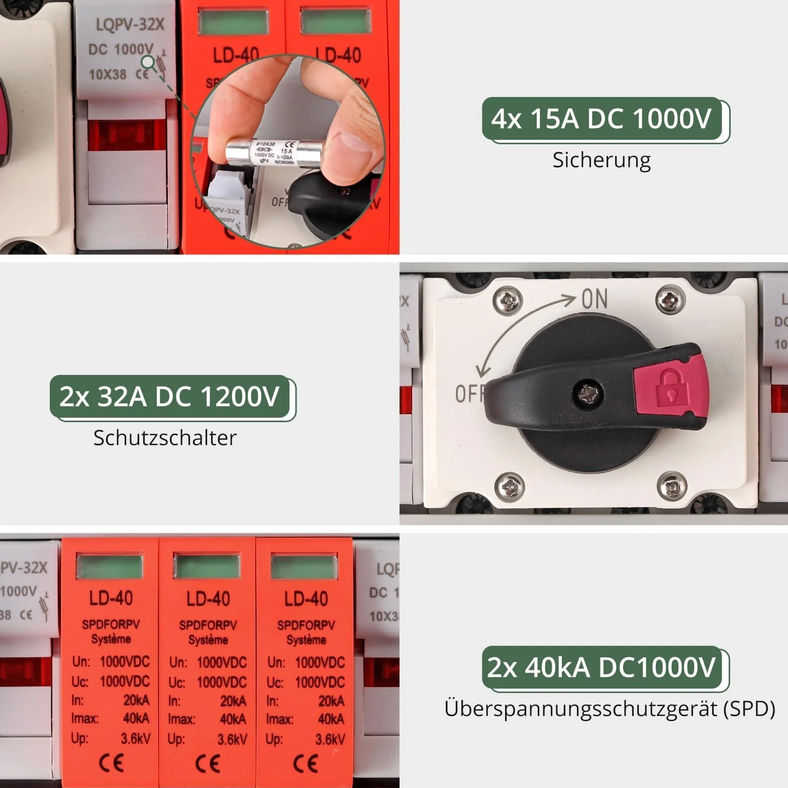 EYPINS Zabezpieczenie przeciwprzepięciowe PV DC1000 V skrzynka przyłączeniowa 32 A odłącznik 2 w 2 out