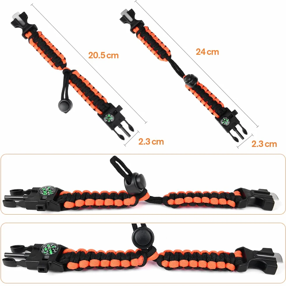 Flintronic Paracord zestaw bransoletek survivalowych 5 w 1, krzesiwo z krzesiwa i stali + gwizdek 100 dB + kompas podstawowy + mini piła + wodoszczelna linka Paracord w jakości wojskowej