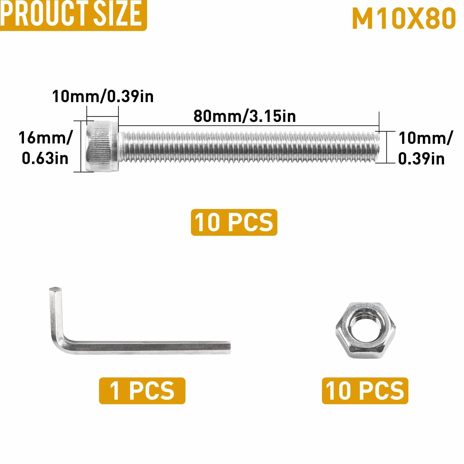 Zestaw 10 śrub M10, M10 x 80 mm, śruby z łbem cylindrycznym, śruby cylindryczne z łbem sześciokątnym, zestaw śrub gwintowanych ze stali nierdzewnej, zestaw śrub maszynowych, śruby sześciokątne